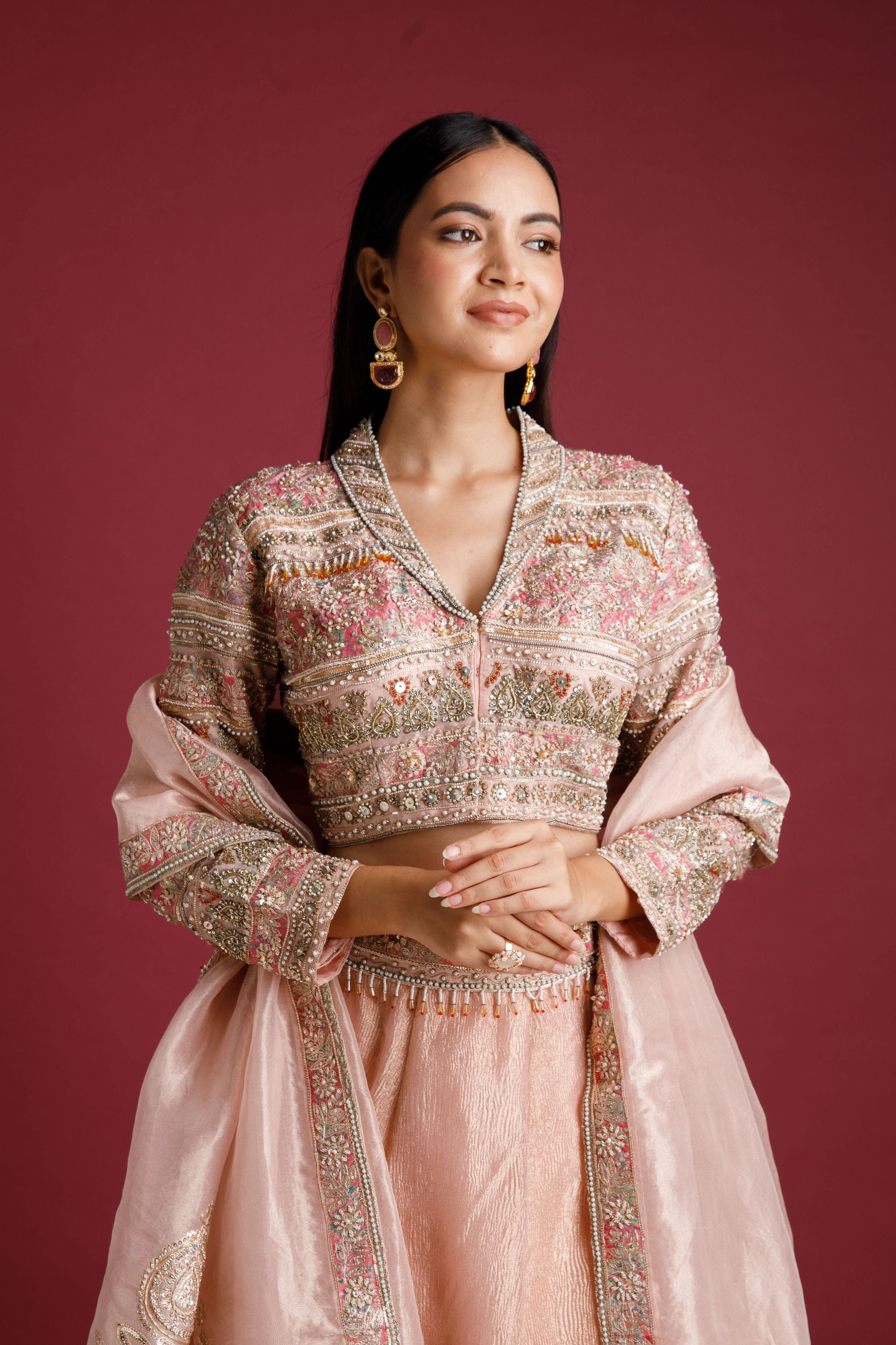 Dusty Rose Lehenga with Embellished Blouse and Tissue Skirt - Mokshaa