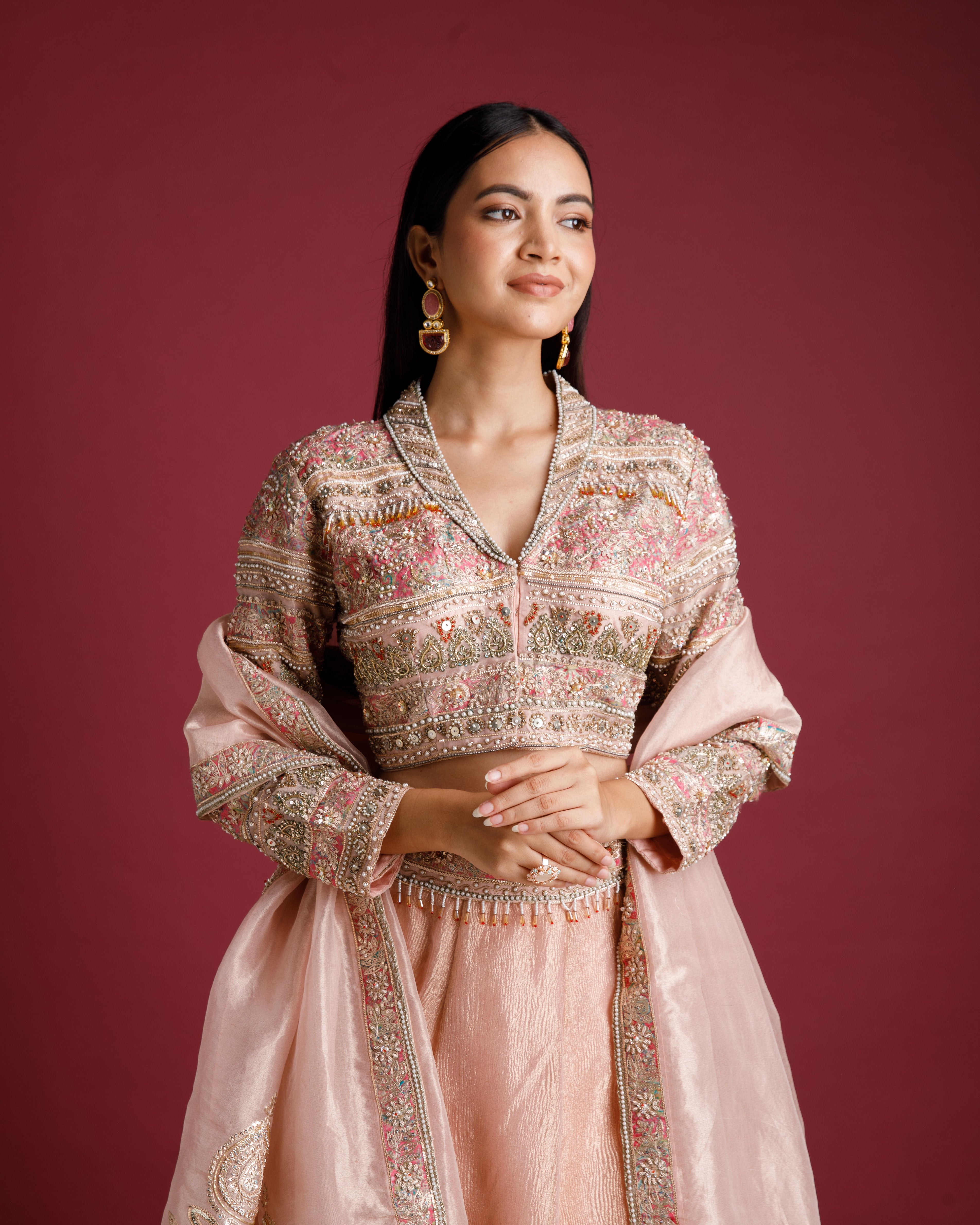 Dusty Rose Lehenga with Embellished Blouse and Tissue Skirt - Mokshaa