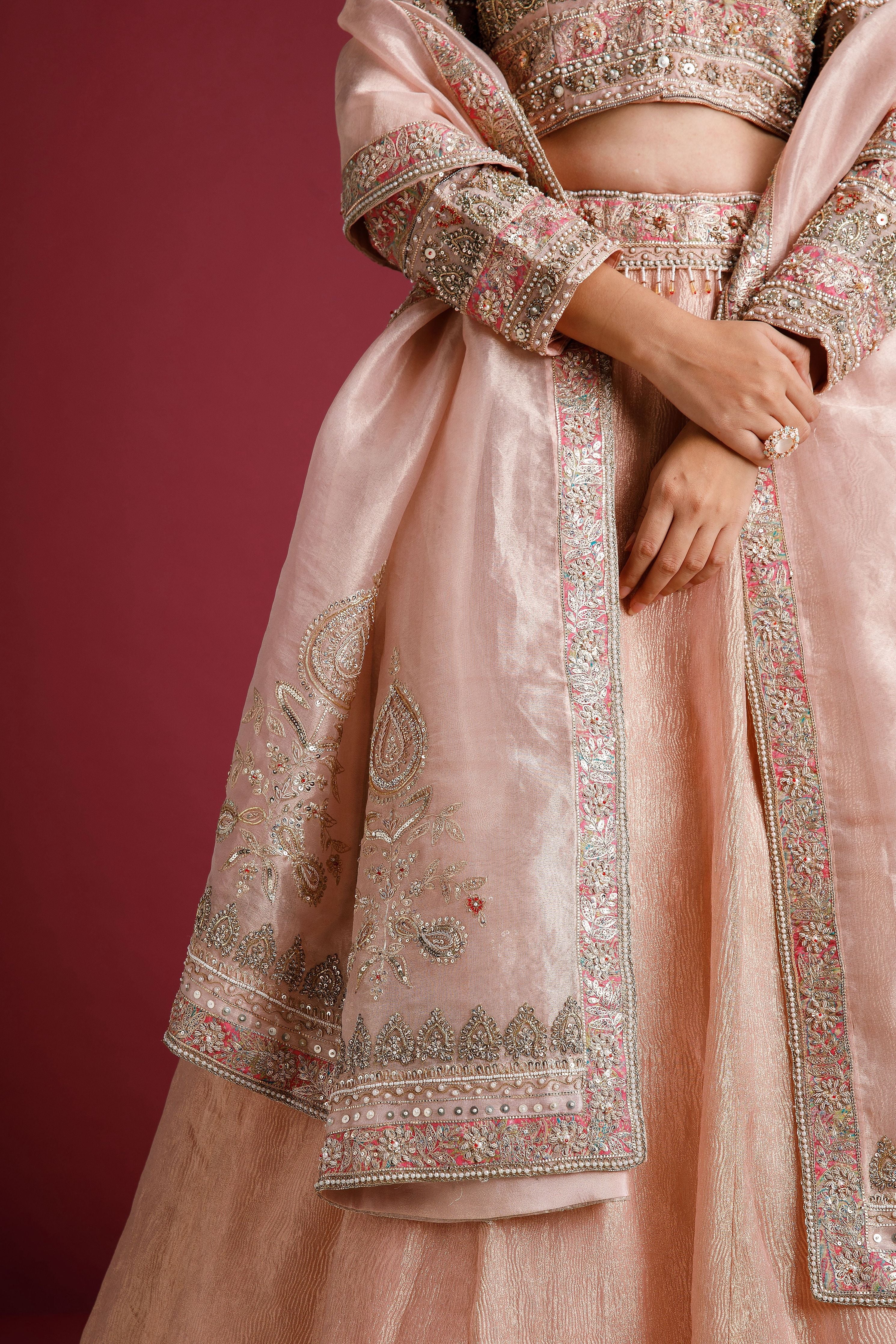 Dusty Rose Lehenga with Embellished Blouse and Tissue Skirt - Mokshaa