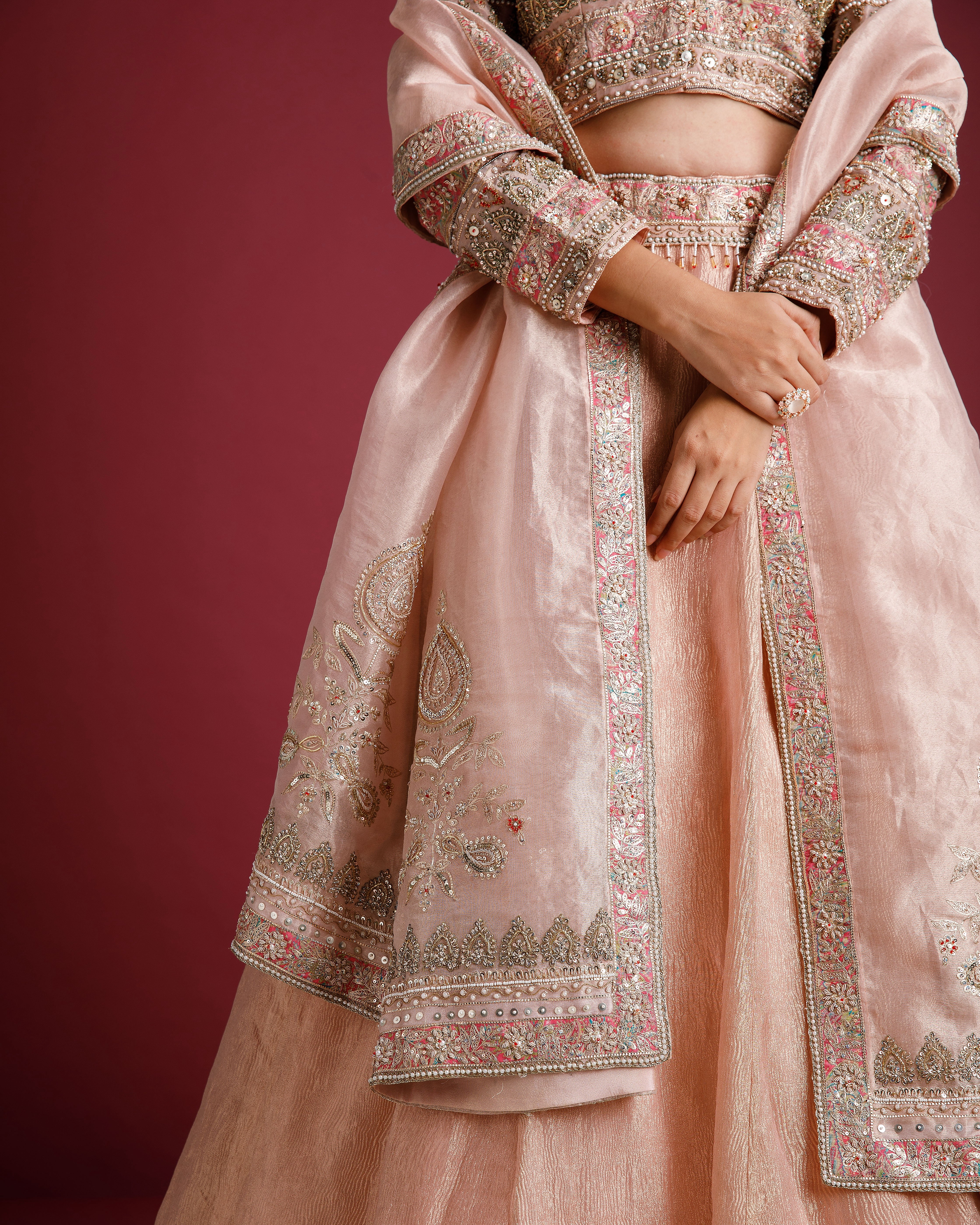 Dusty Rose Lehenga with Embellished Blouse and Tissue Skirt - Mokshaa