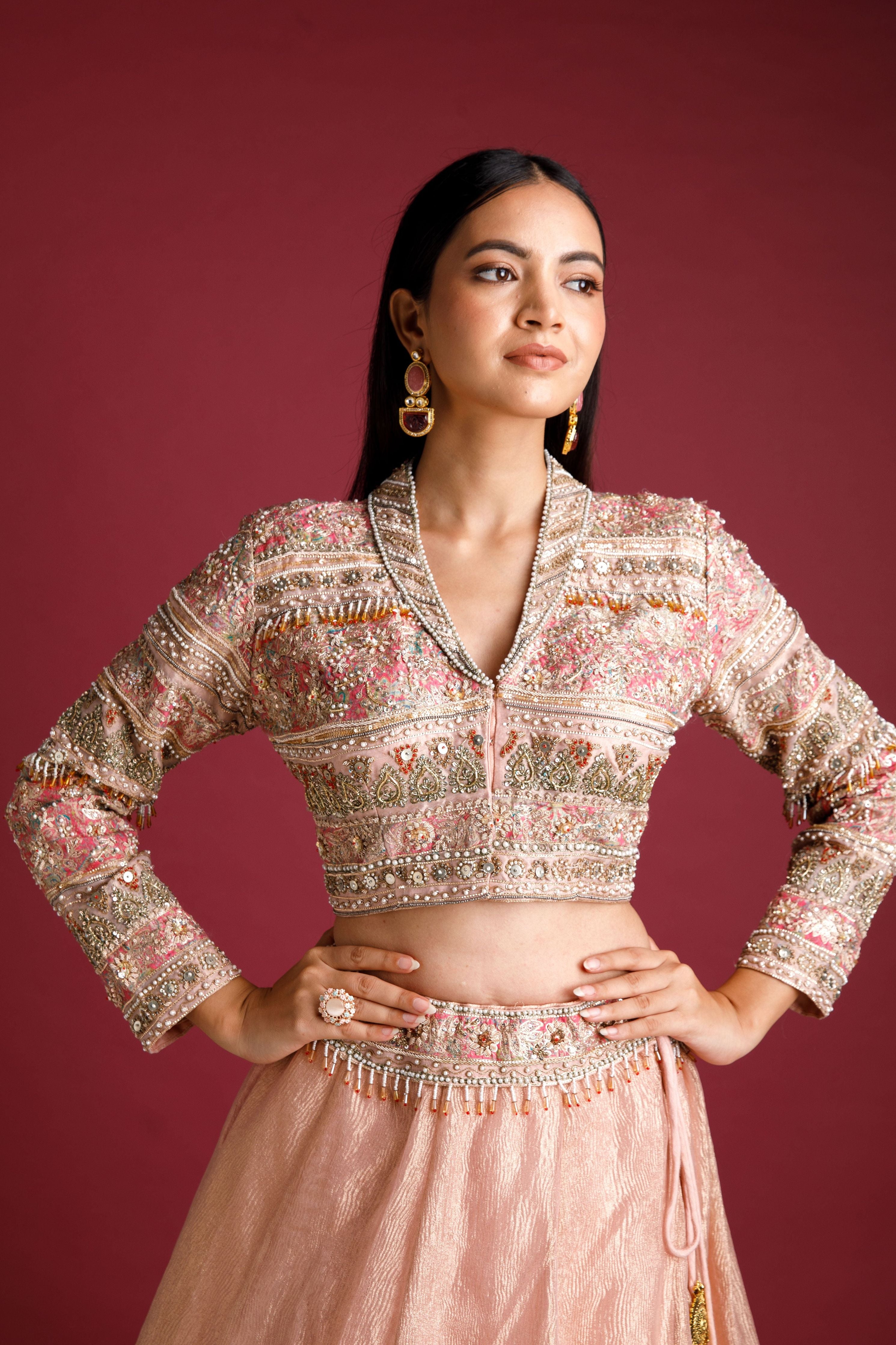 Dusty Rose Lehenga with Embellished Blouse and Tissue Skirt - Mokshaa