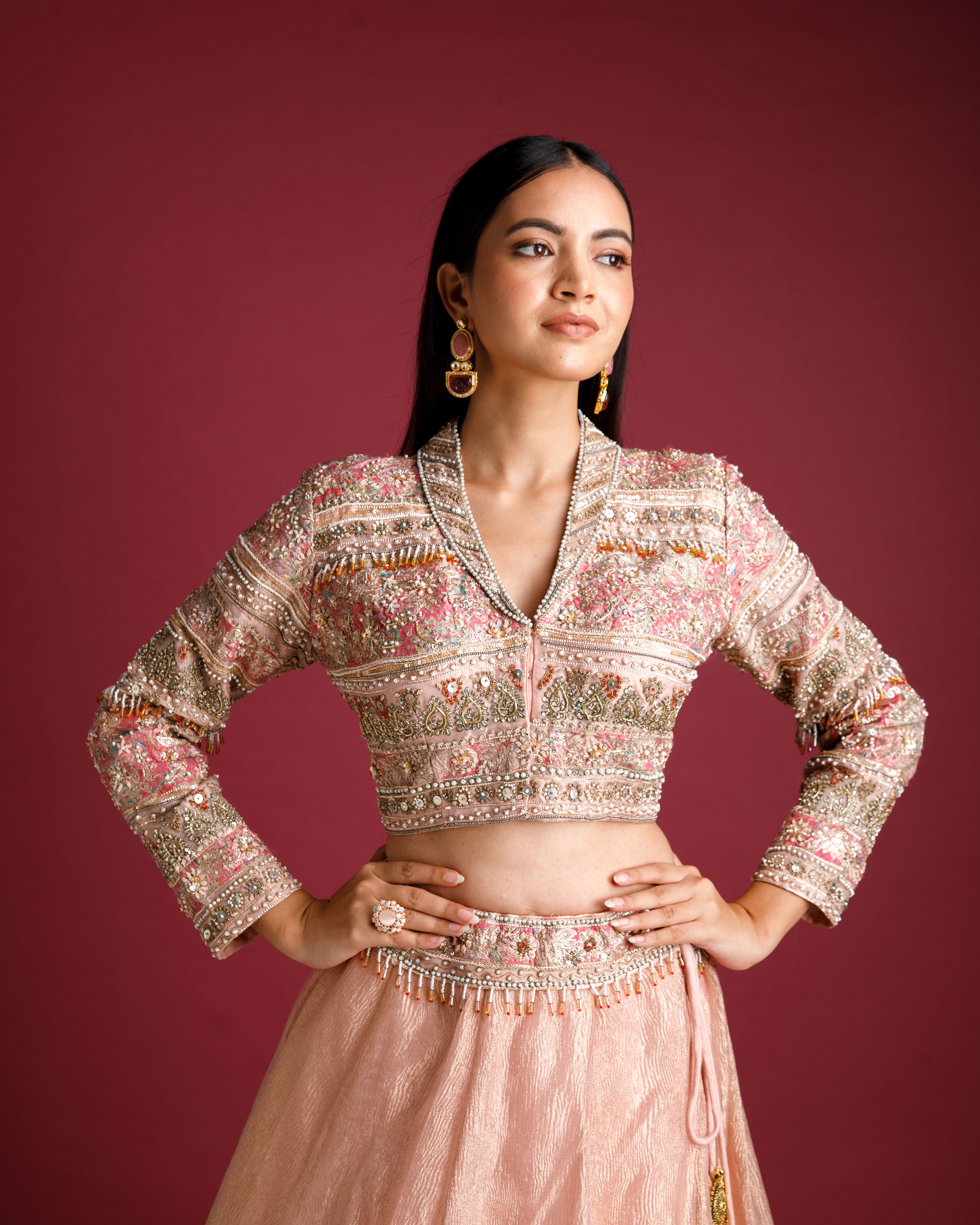 Dusty Rose Lehenga with Embellished Blouse and Tissue Skirt - Mokshaa