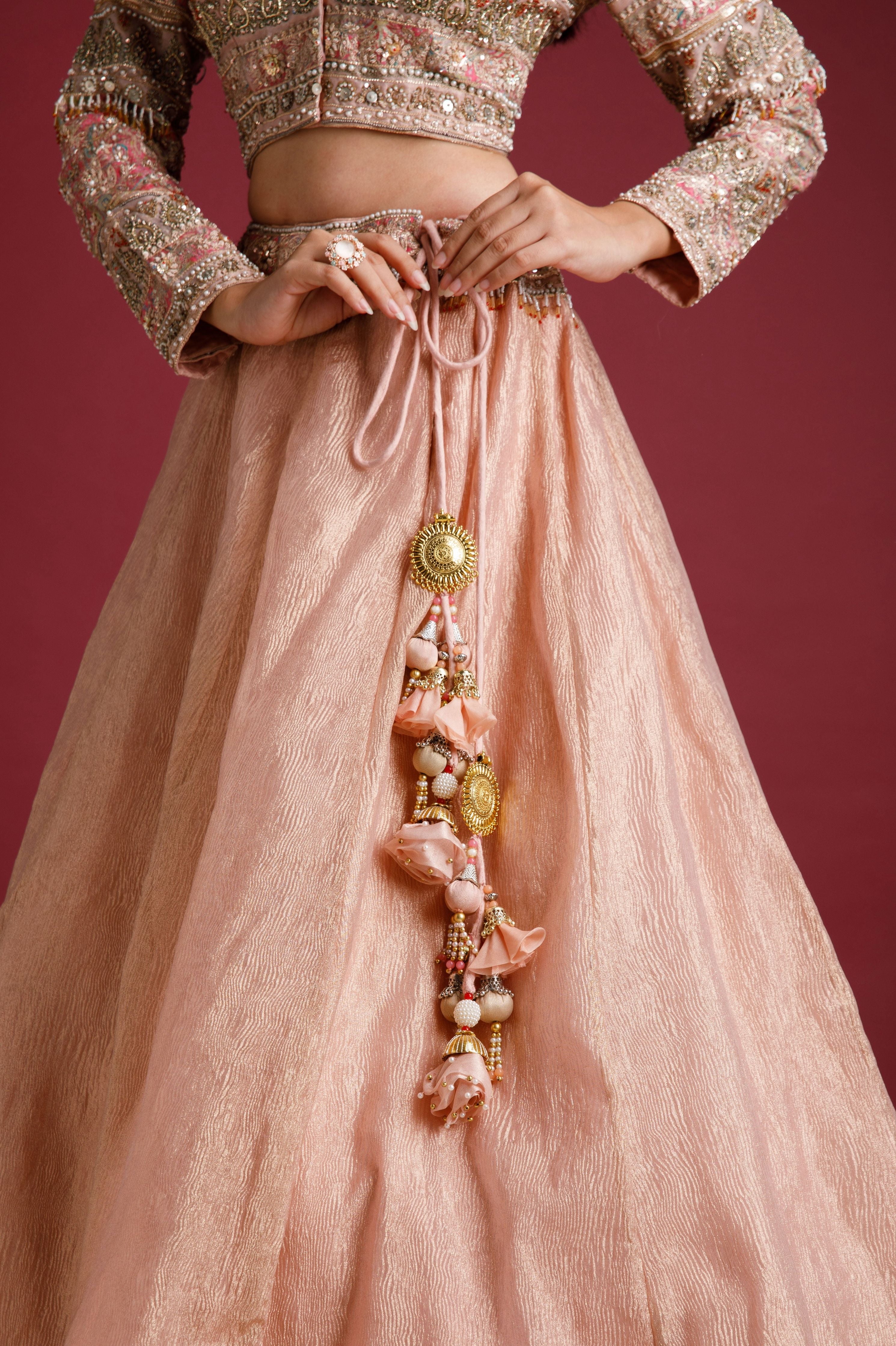 Dusty Rose Lehenga with Embellished Blouse and Tissue Skirt - Mokshaa