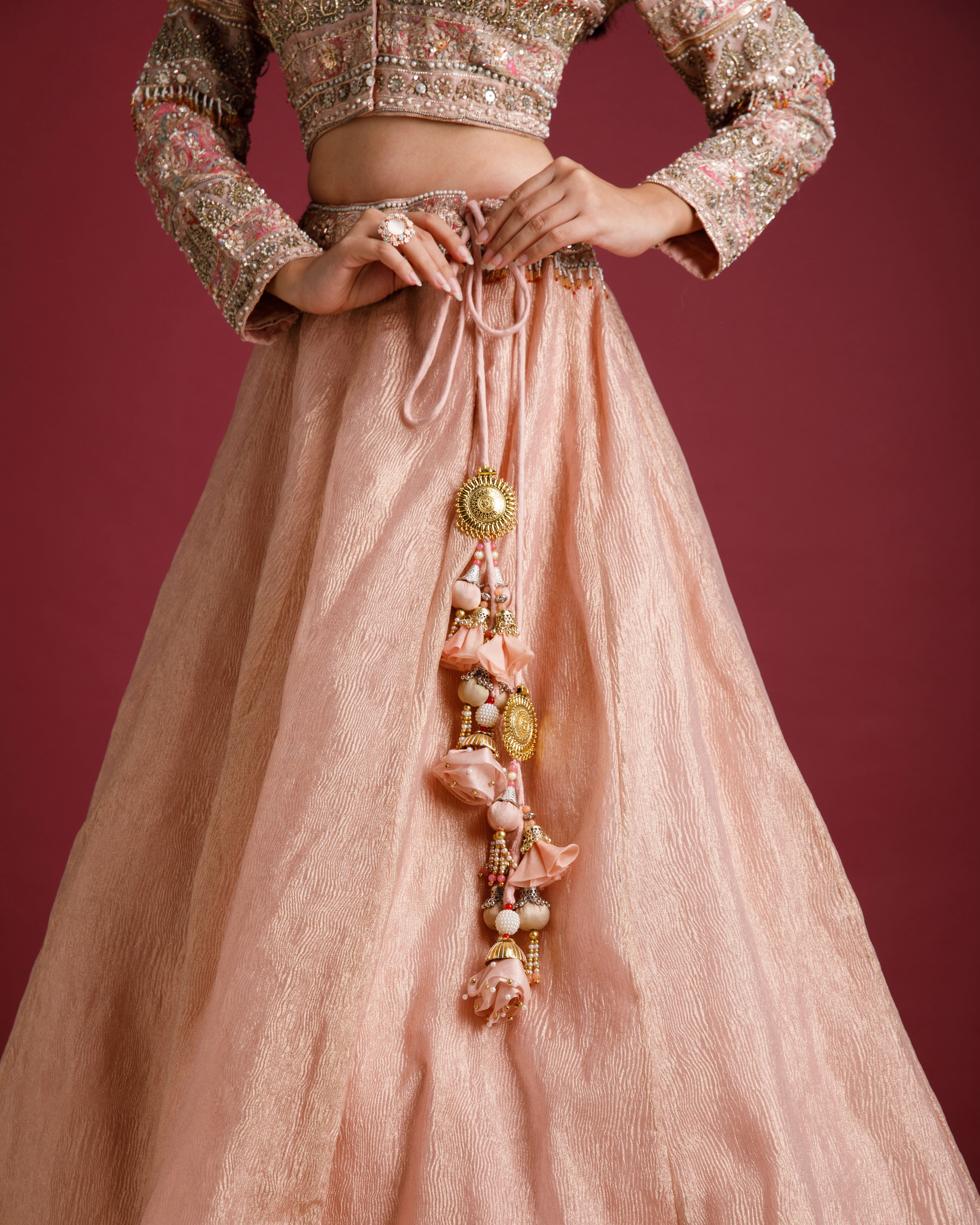 Dusty Rose Lehenga with Embellished Blouse and Tissue Skirt - Mokshaa