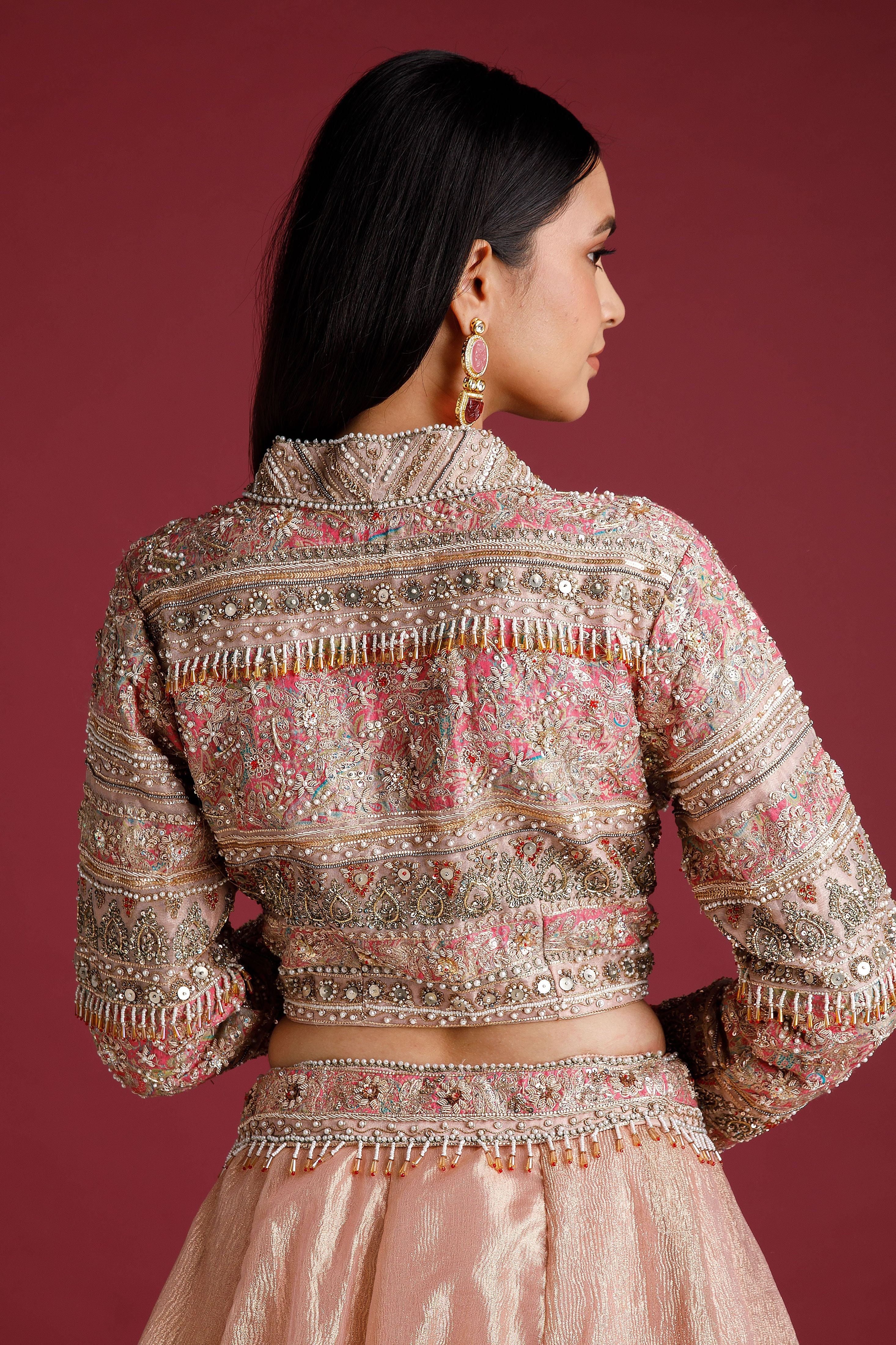 Dusty Rose Lehenga with Embellished Blouse and Tissue Skirt - Mokshaa