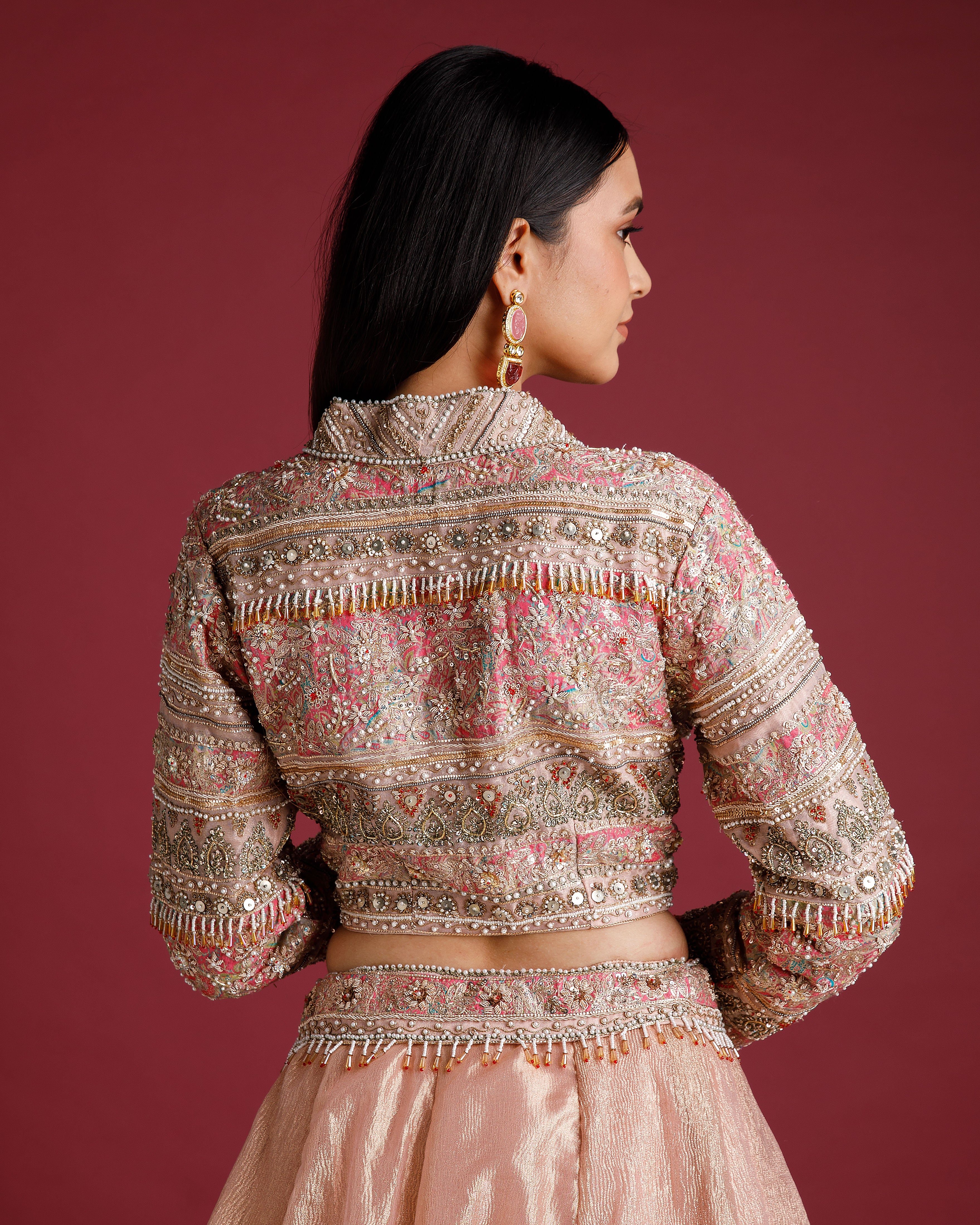 Dusty Rose Lehenga with Embellished Blouse and Tissue Skirt - Mokshaa