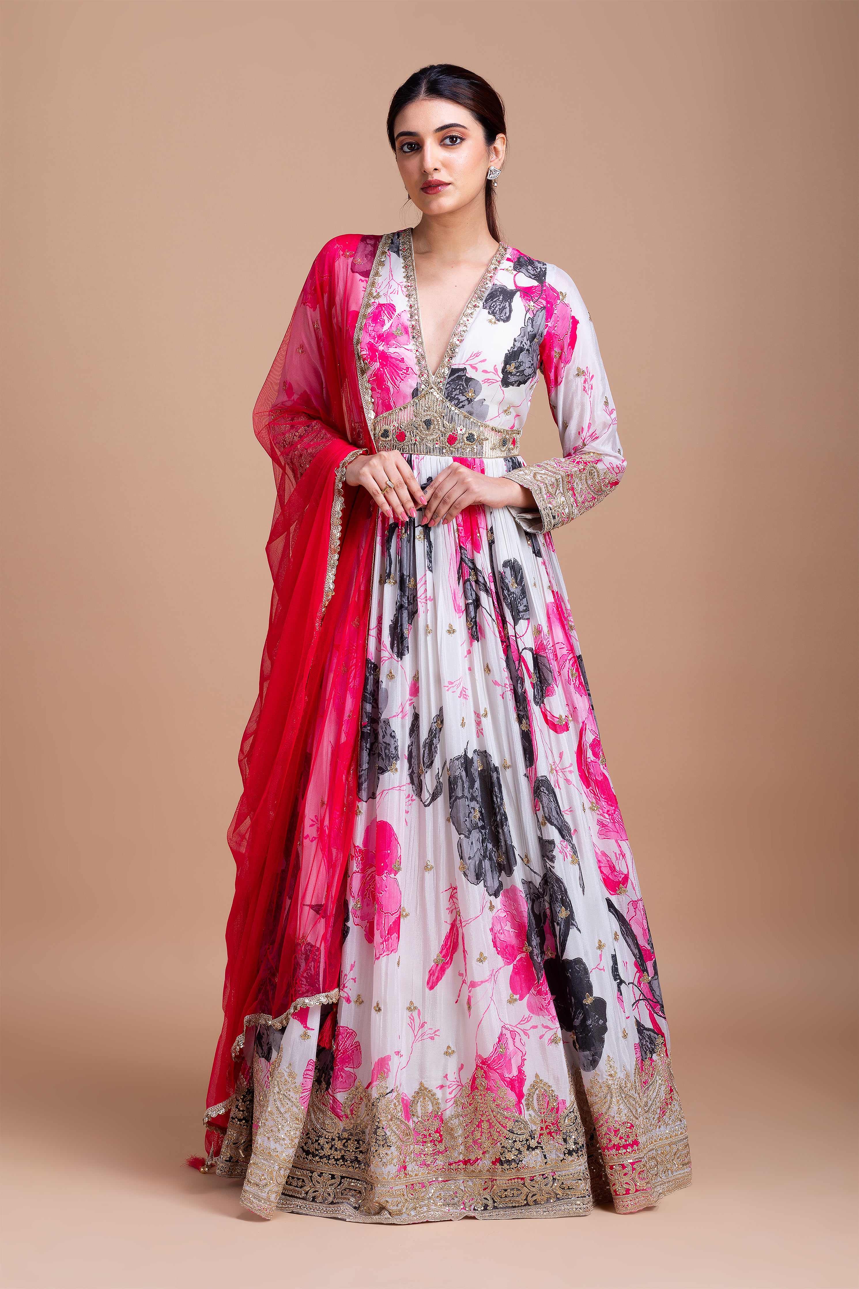 Elegant White Floral Georgette Anarkali Set  Mokshaa