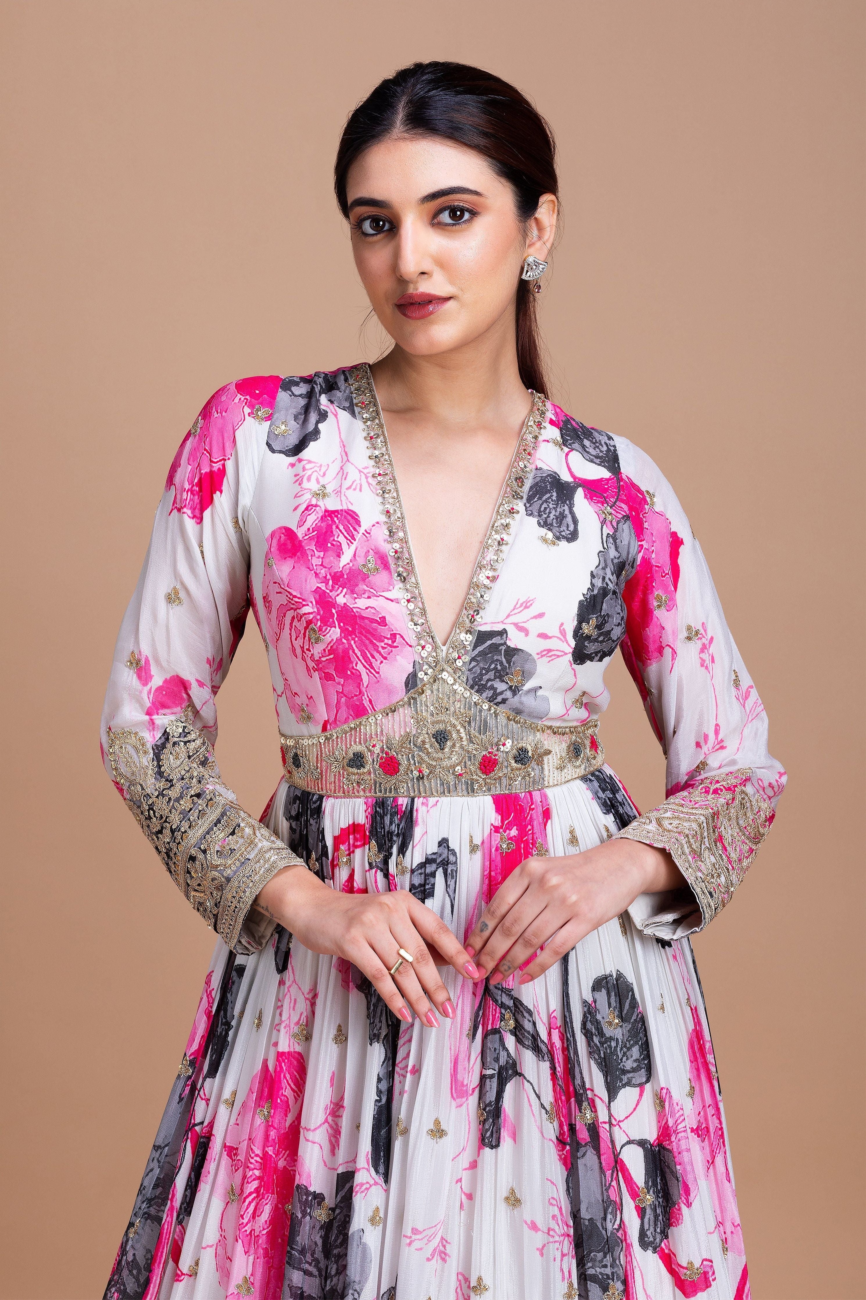 Elegant White Floral Georgette Anarkali Set  Mokshaa