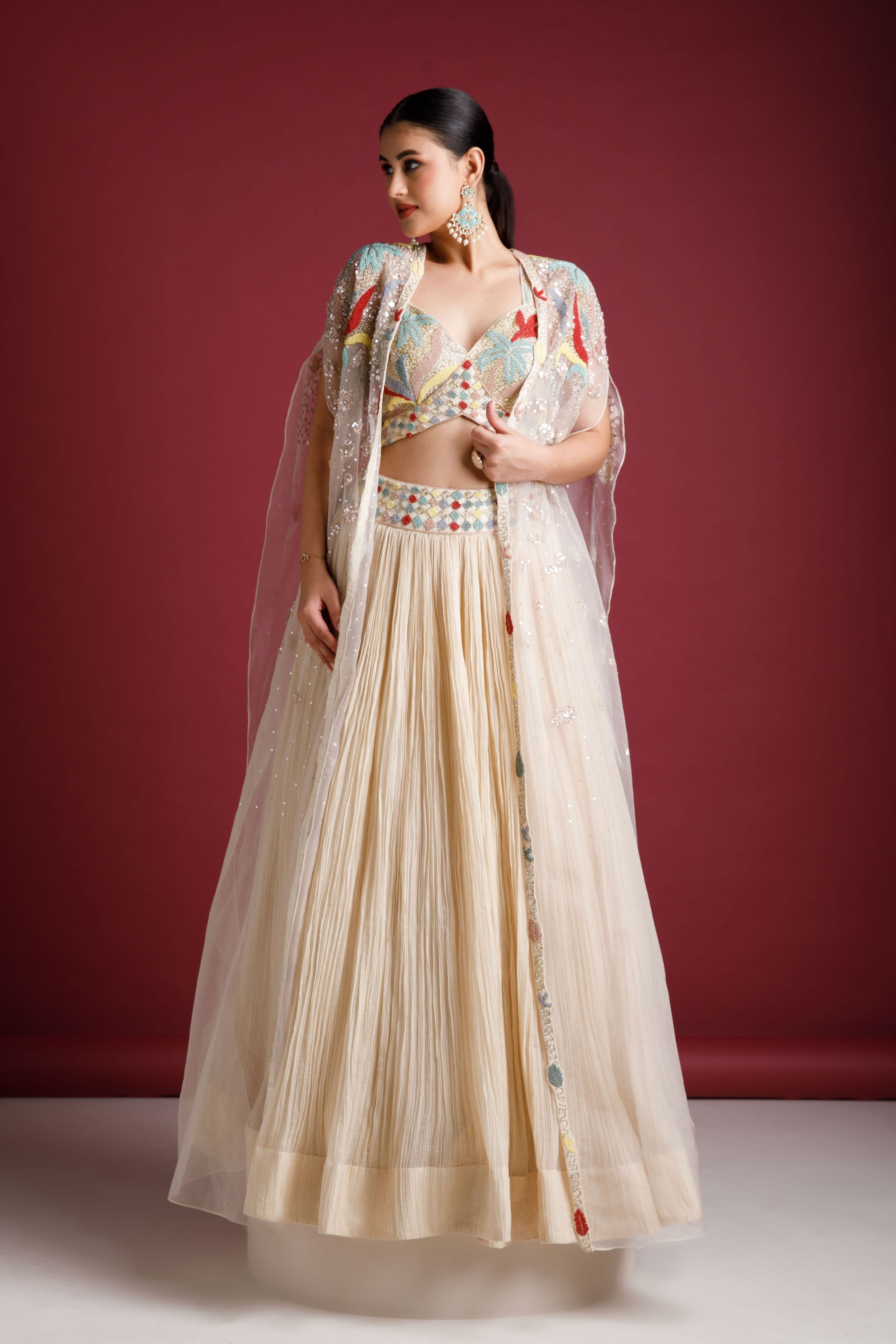 Cream Chanderi Silk Lehenga Set - Mokshaa