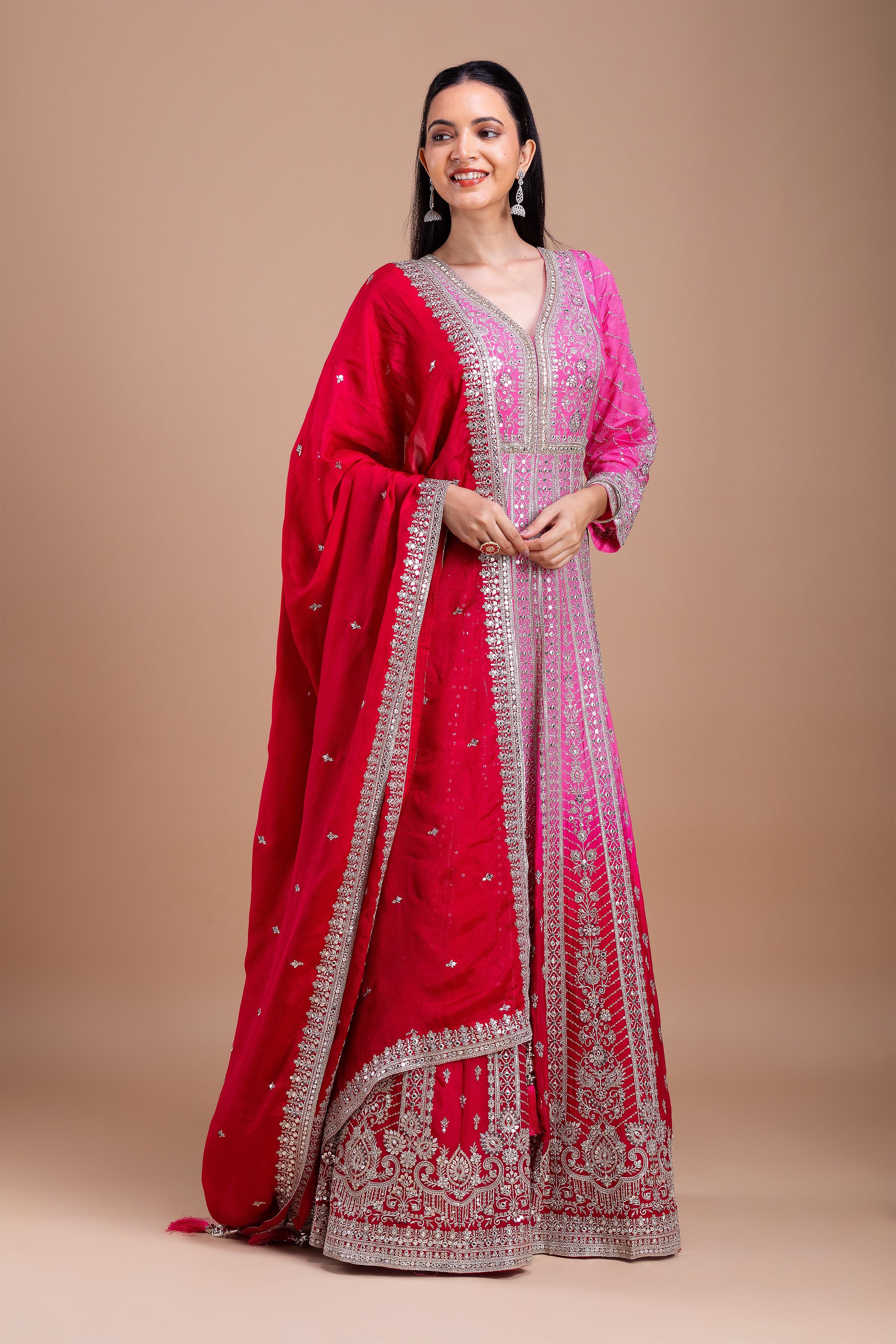 Pink and Red Embroidered Anarkali Set聽 Mokshaa