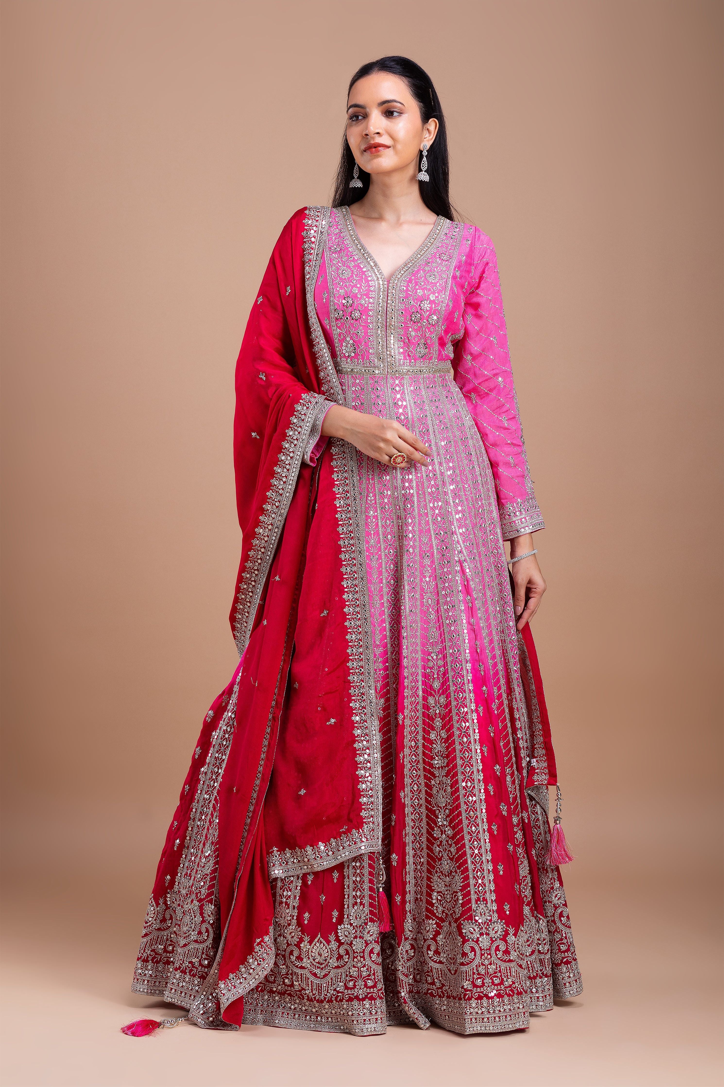 Pink and Red Embroidered Anarkali Set聽 Mokshaa