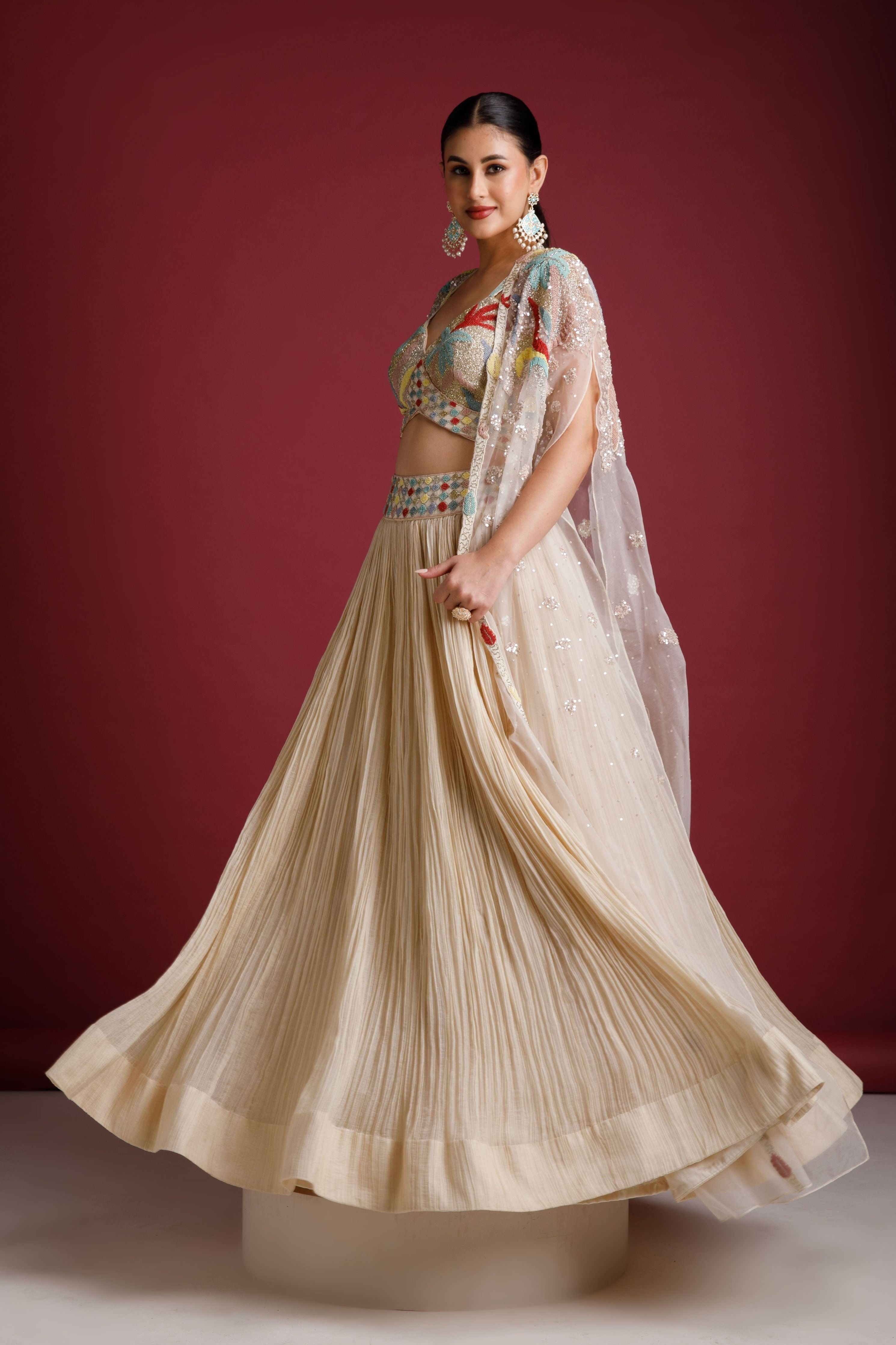 Cream Chanderi Silk Lehenga Set - Mokshaa