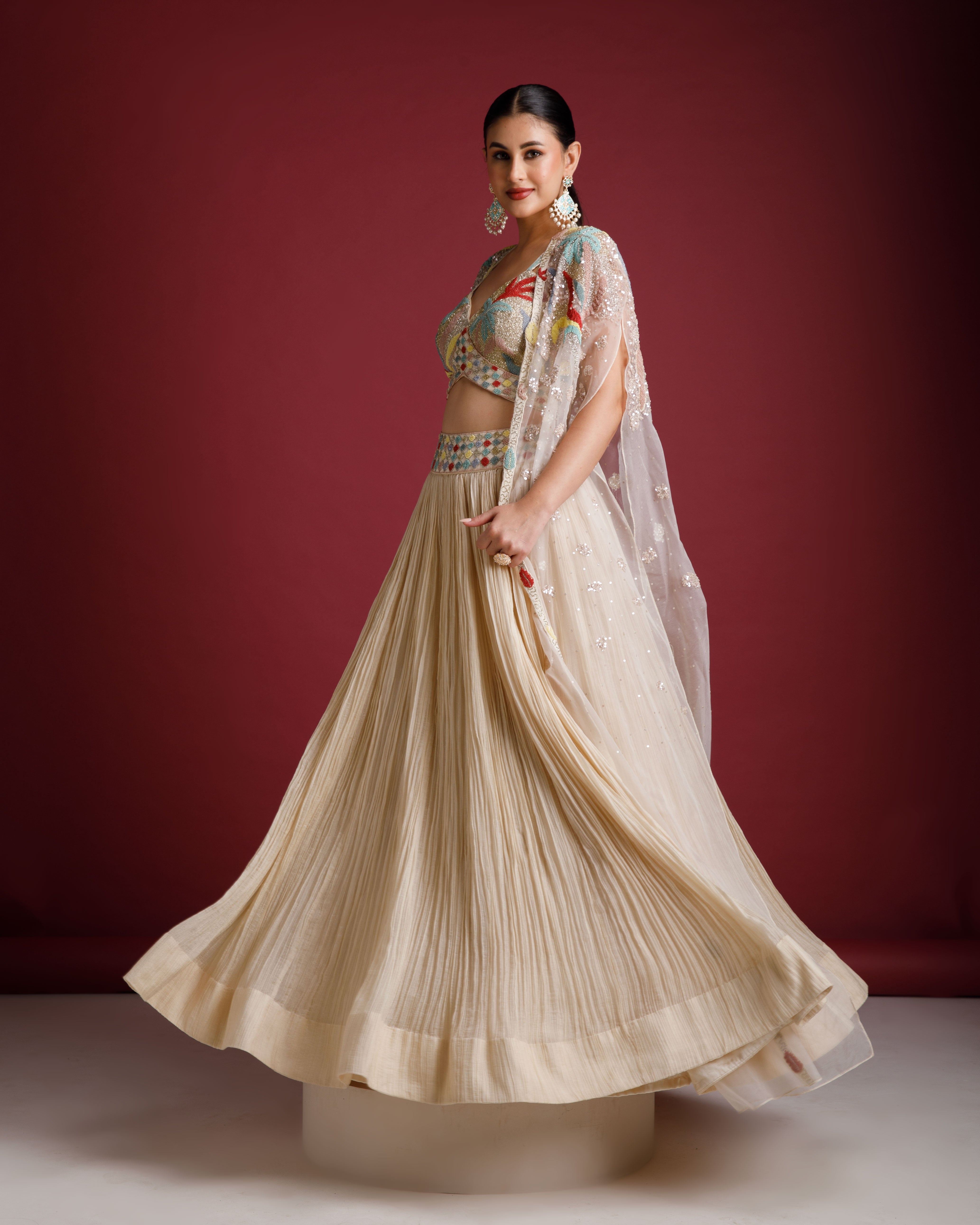 Cream Chanderi Silk Lehenga Set - Mokshaa