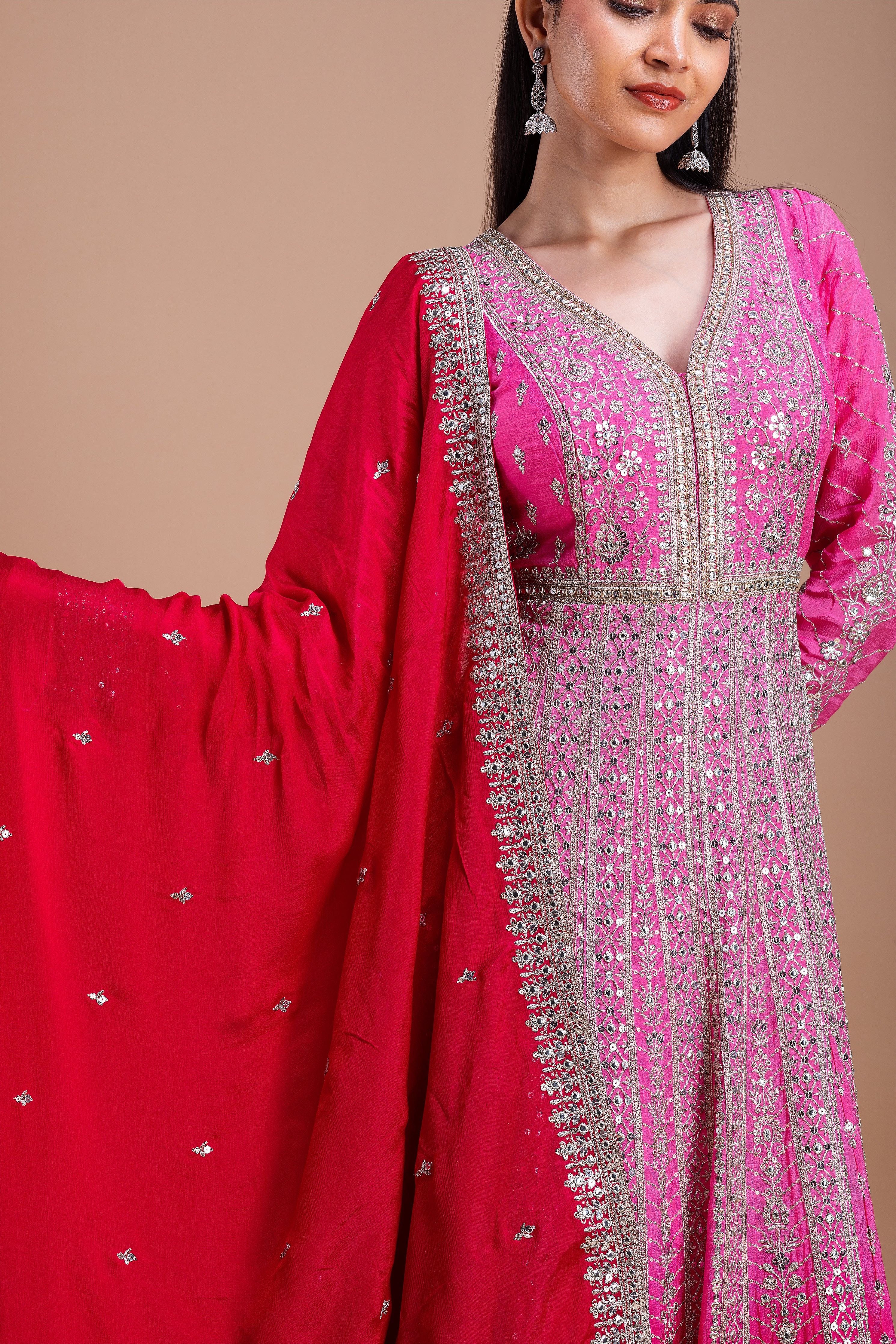 Pink and Red Embroidered Anarkali Set  Mokshaa