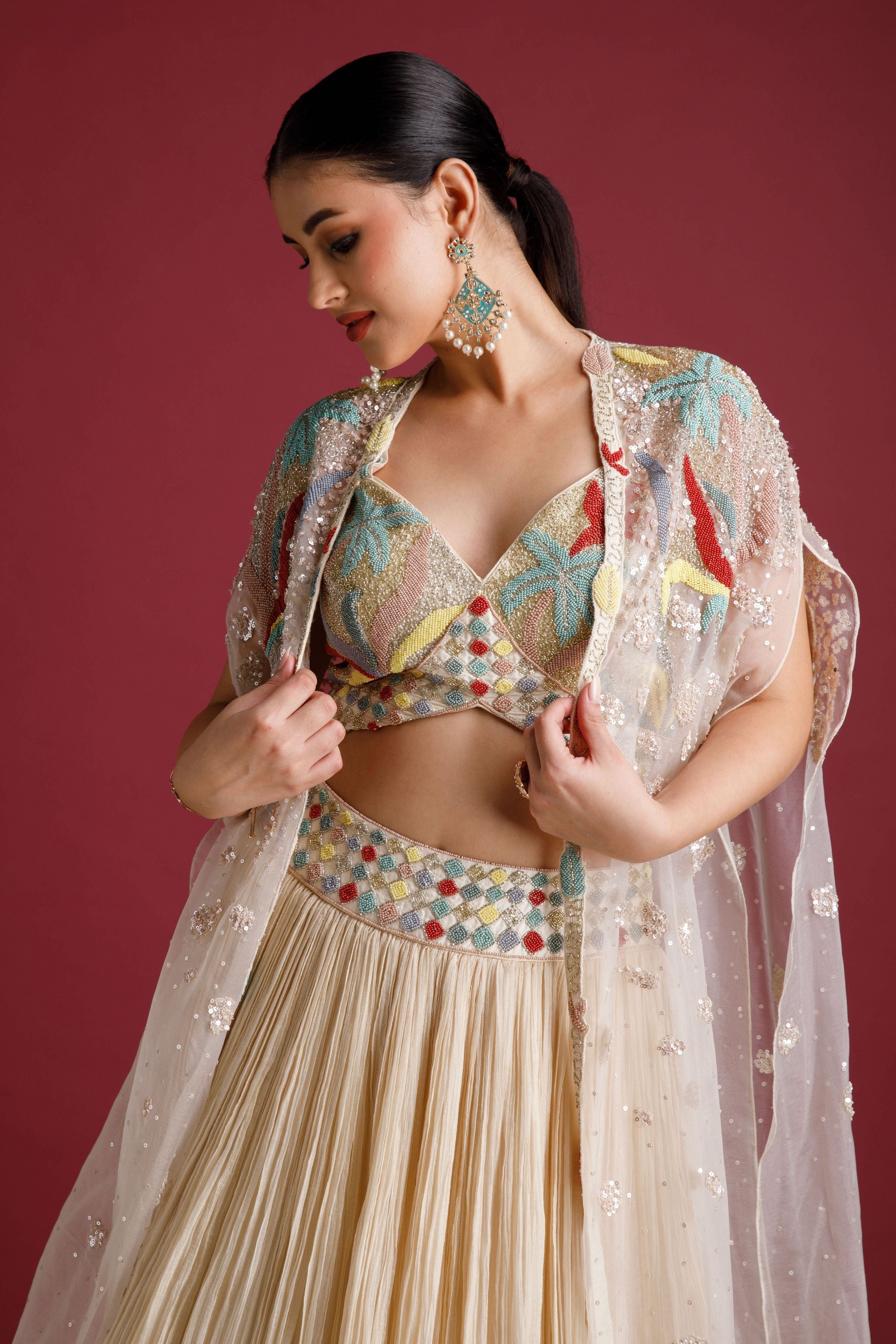 Cream Chanderi Silk Lehenga Set - Mokshaa