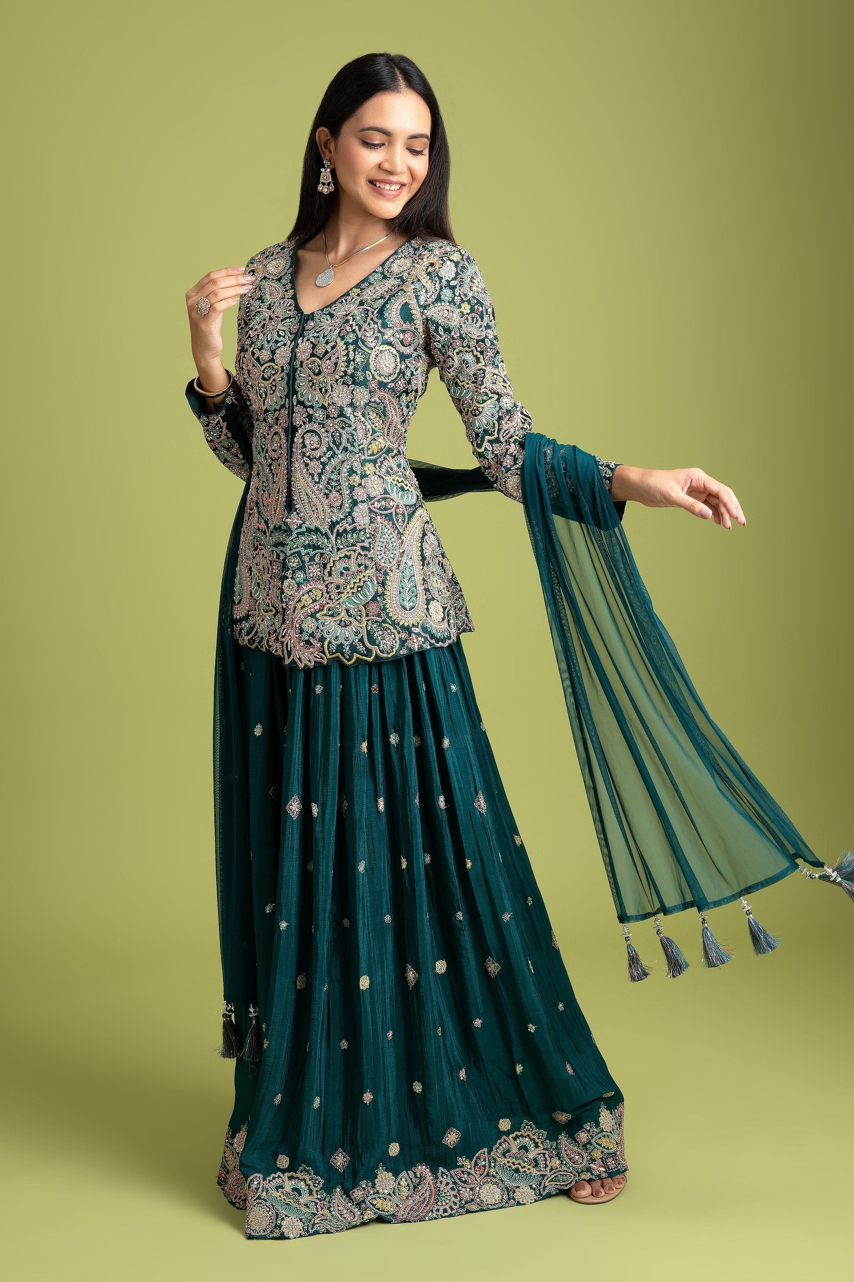 Bottle Green Silk Indo-Western - Mokshaa