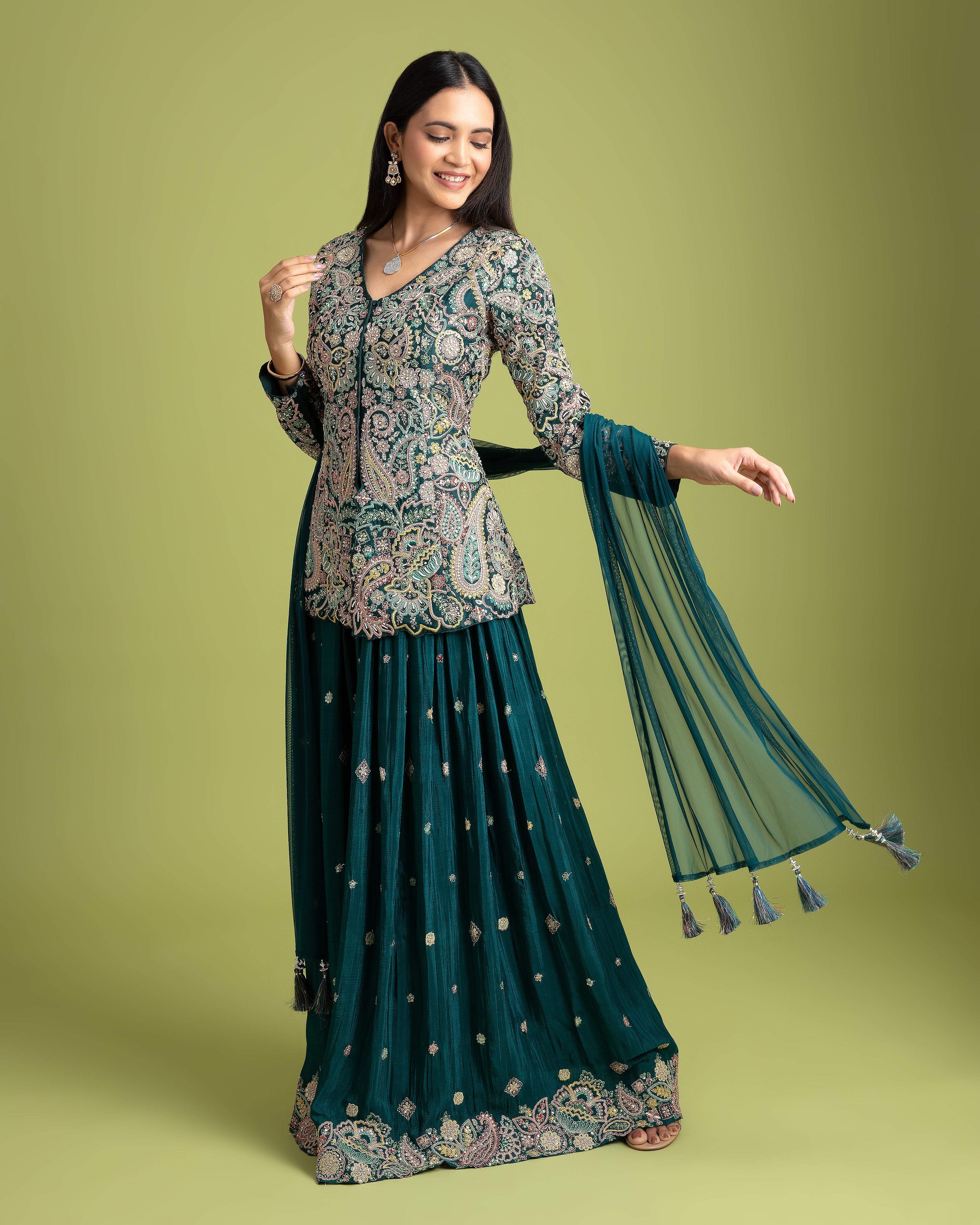 Bottle Green Silk Indo-Western - Mokshaa