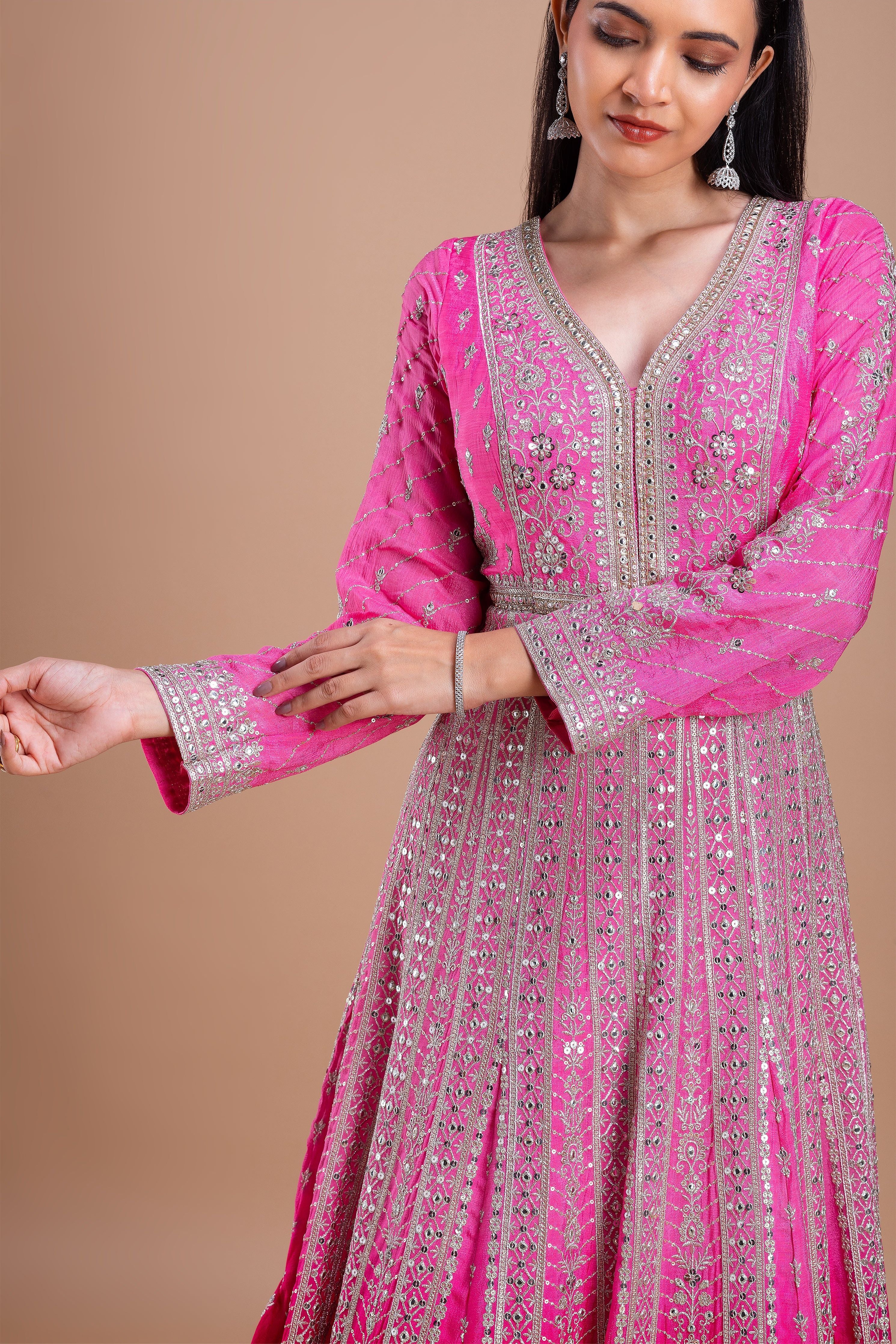 Pink and Red Embroidered Anarkali Set  Mokshaa