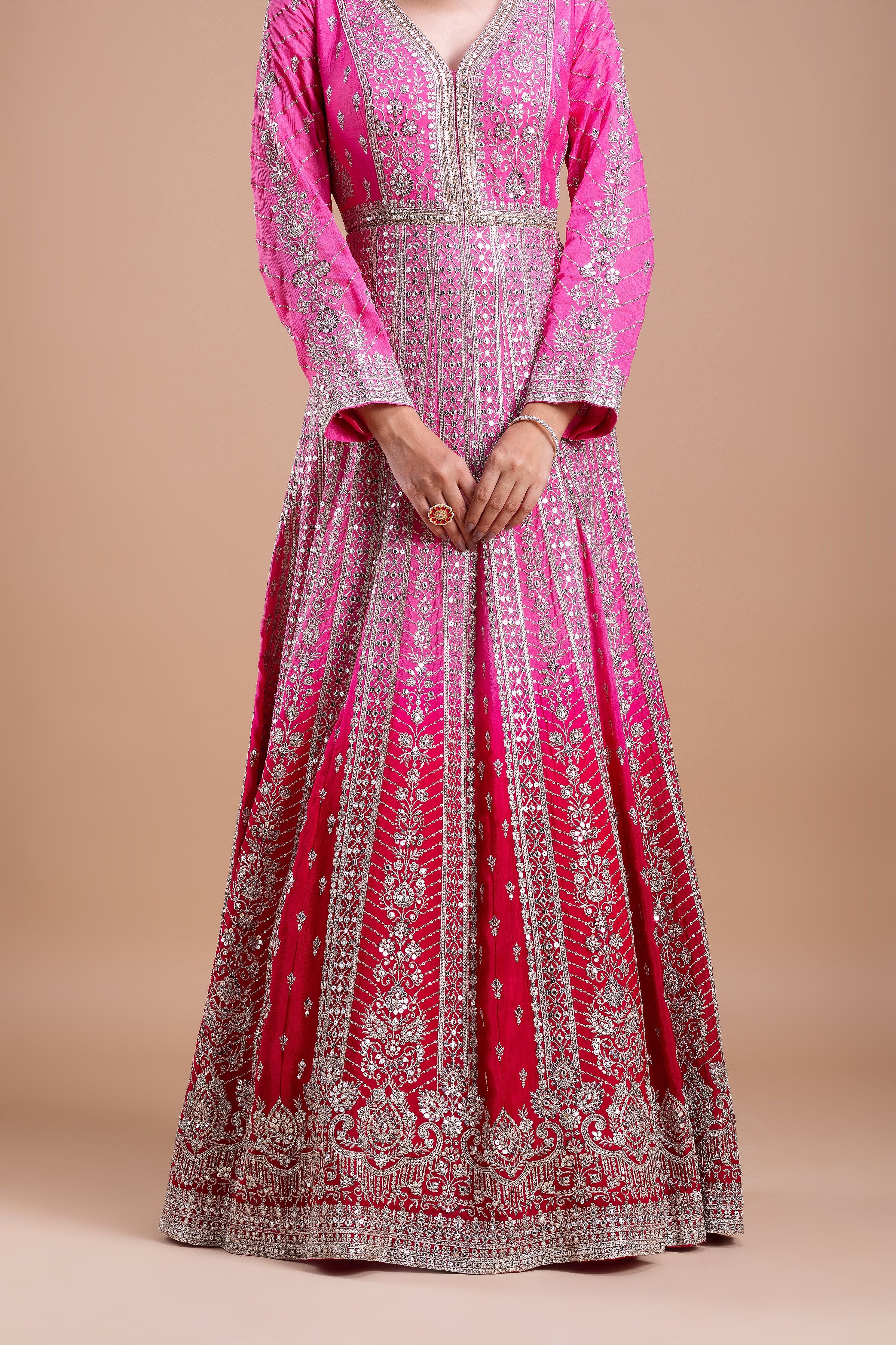 Pink and Red Embroidered Anarkali Set  Mokshaa