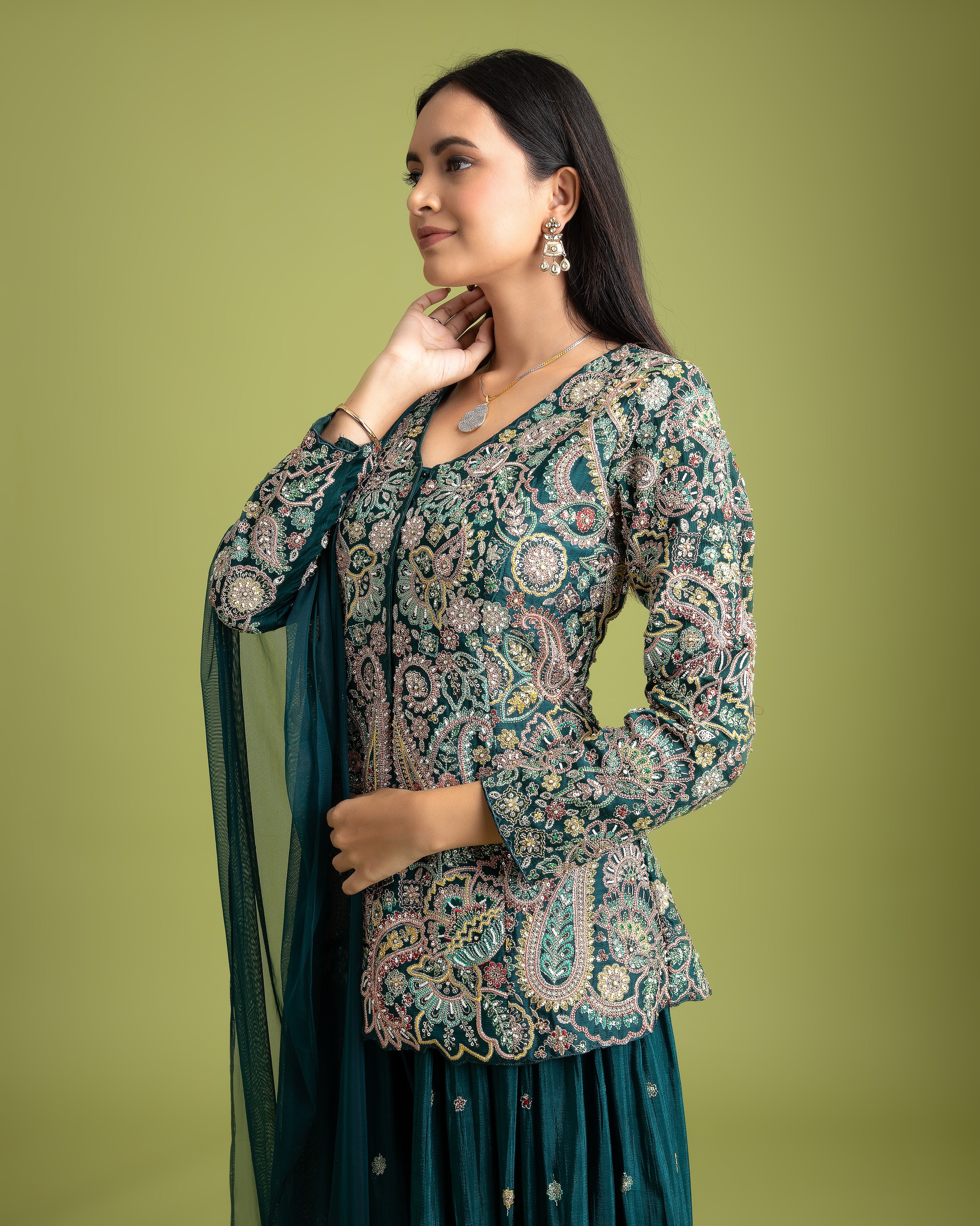 Bottle Green Silk Indo-Western - Mokshaa