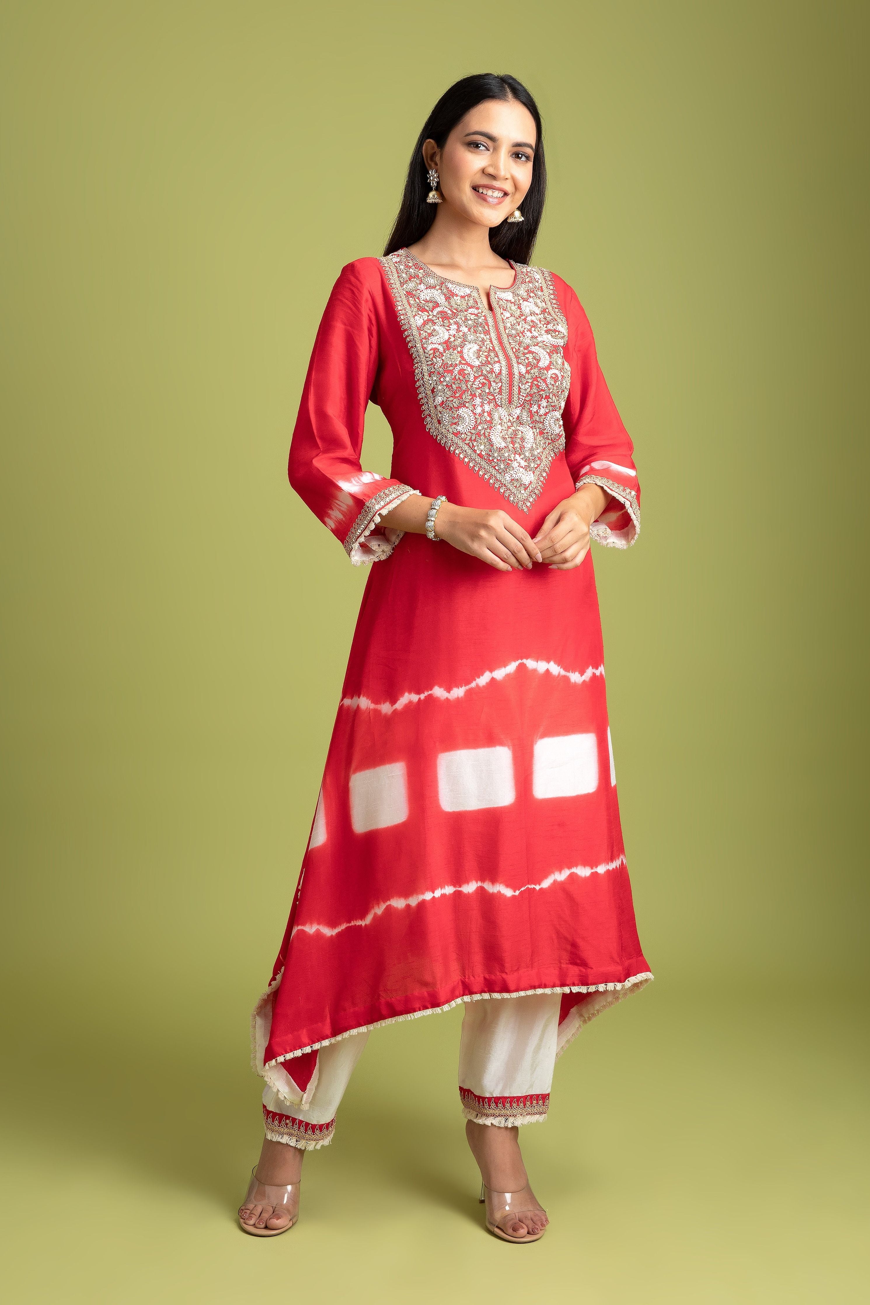 Red Tie-Dye Silk Kurti - Mokshaa