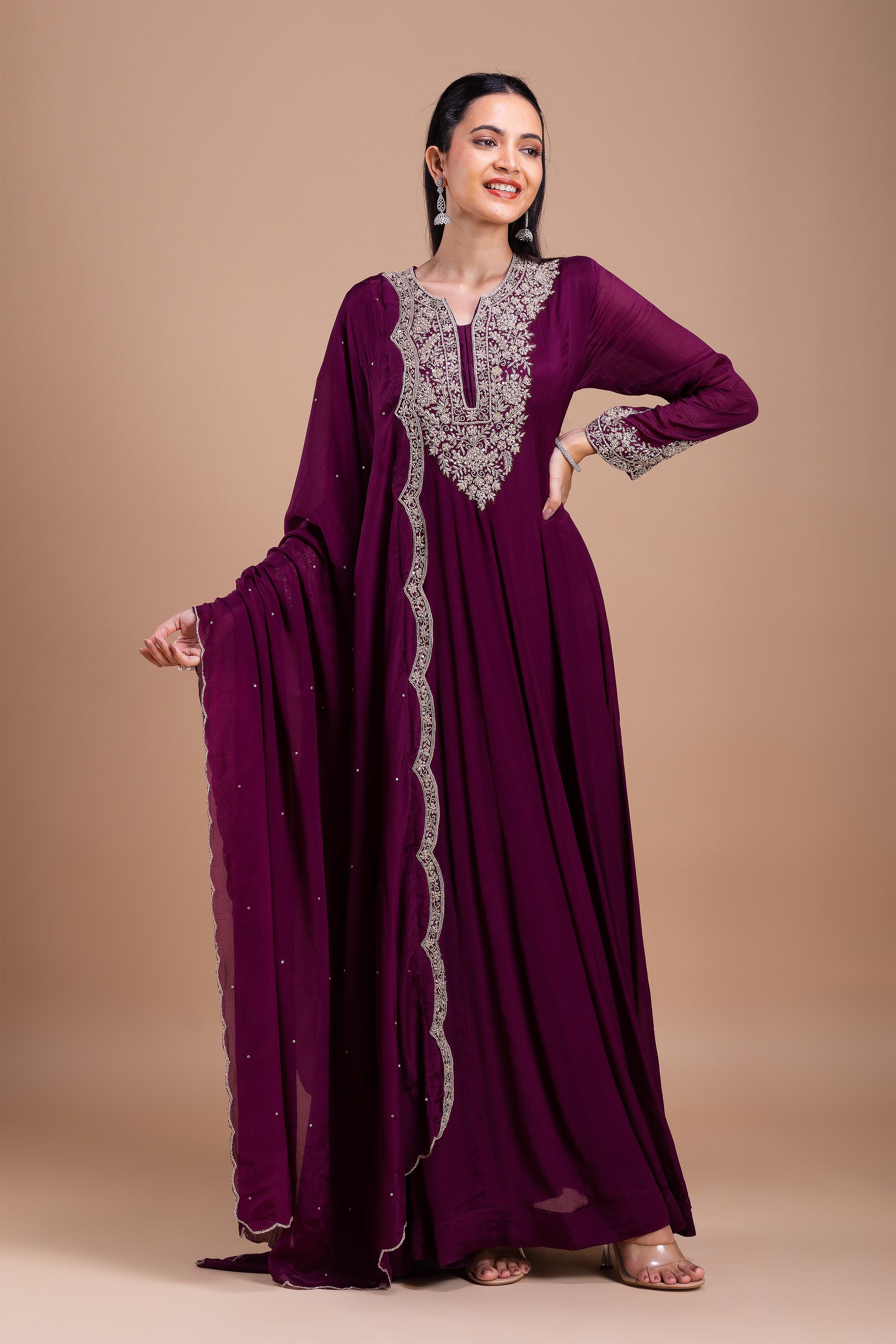 Wine Embroidered Anarkali Set聽 Mokshaa