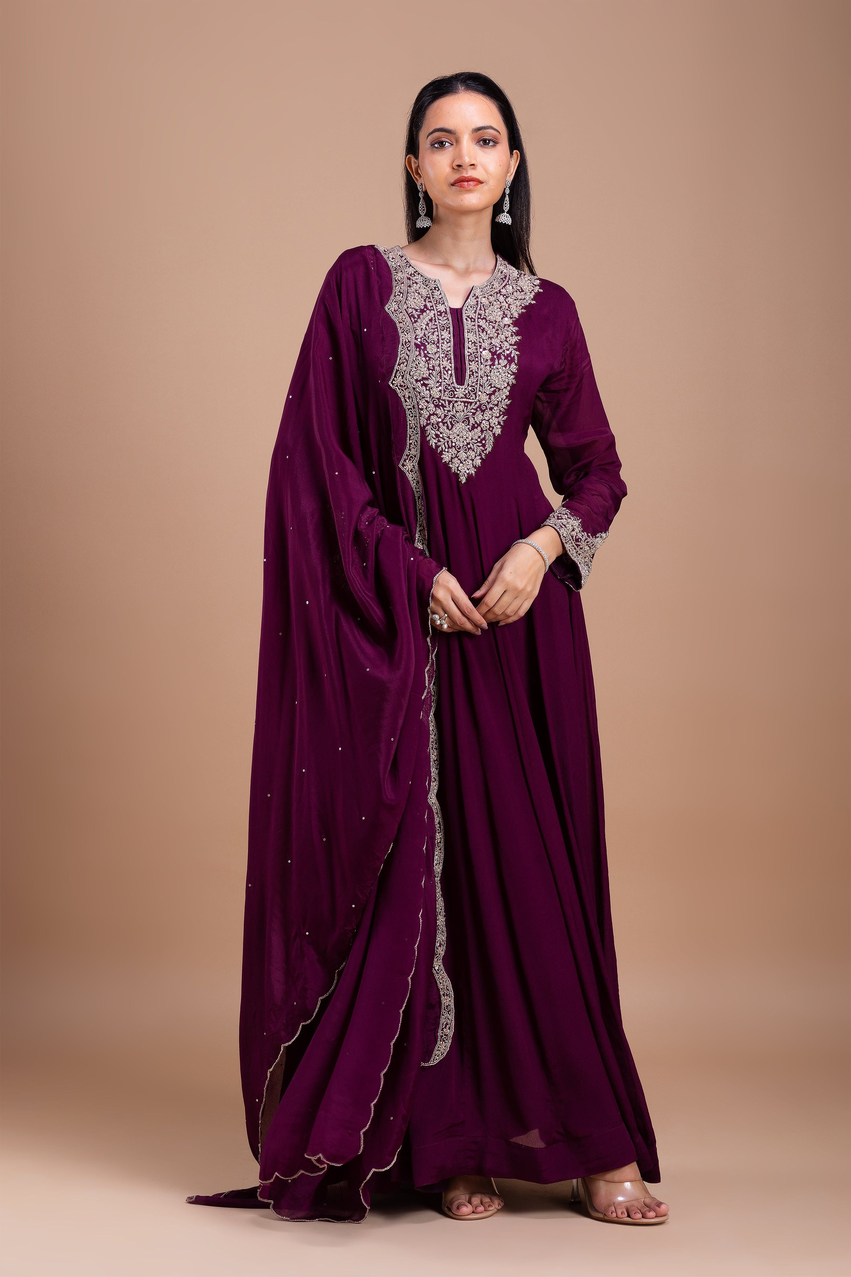 Wine Embroidered Anarkali Set聽 Mokshaa