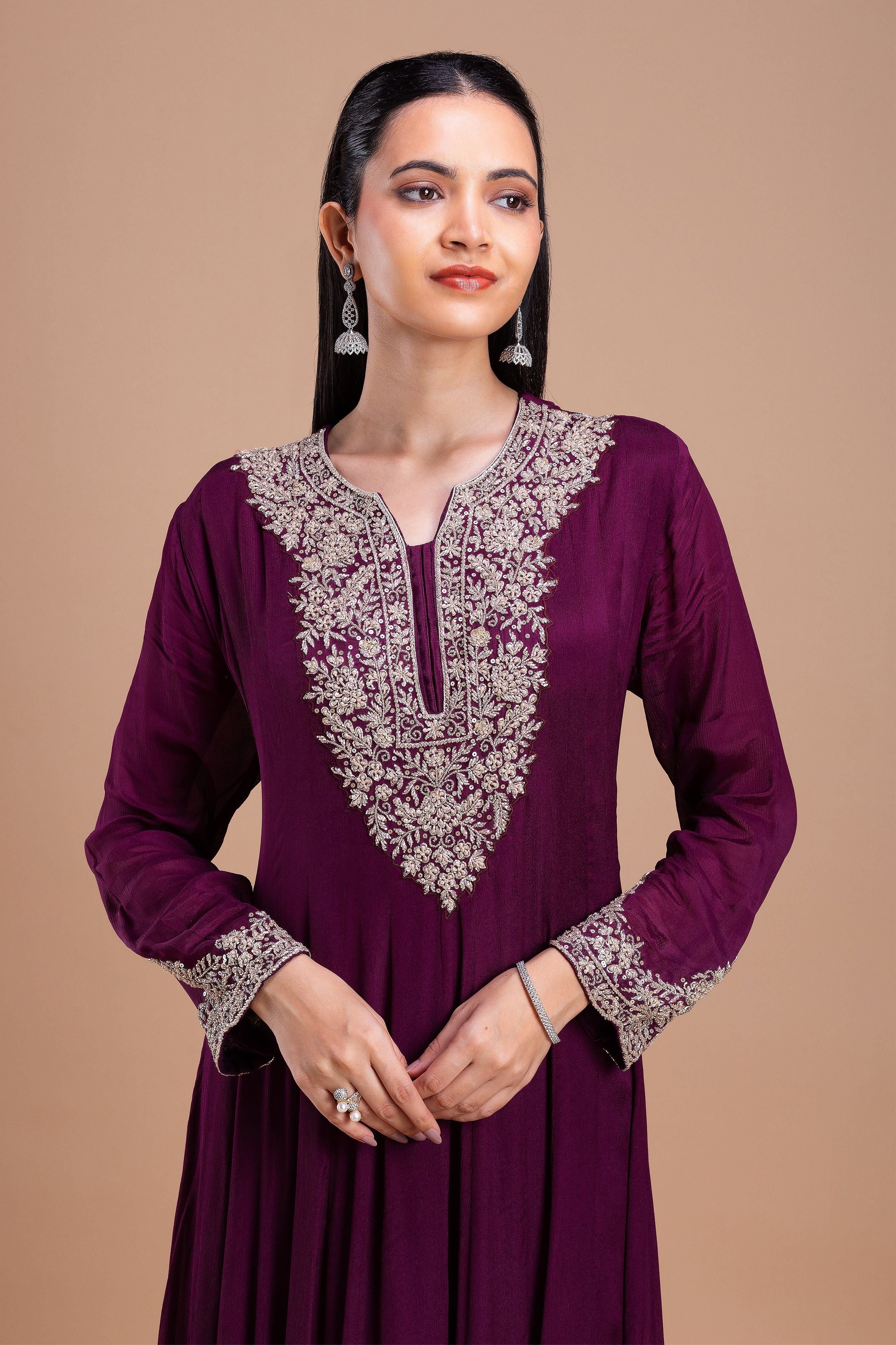 Wine Embroidered Anarkali Set  Mokshaa