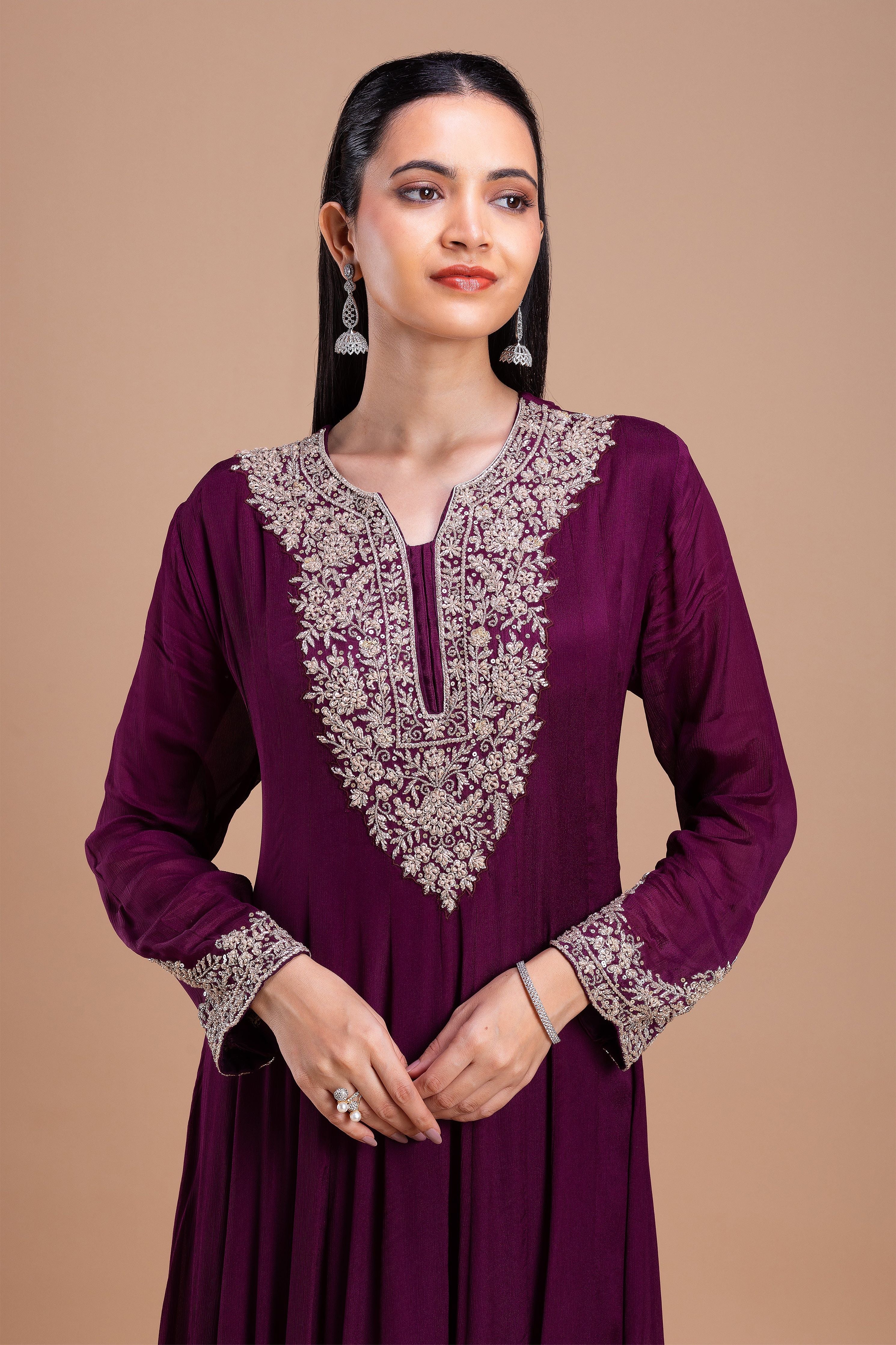 Wine Embroidered Anarkali Set聽 Mokshaa