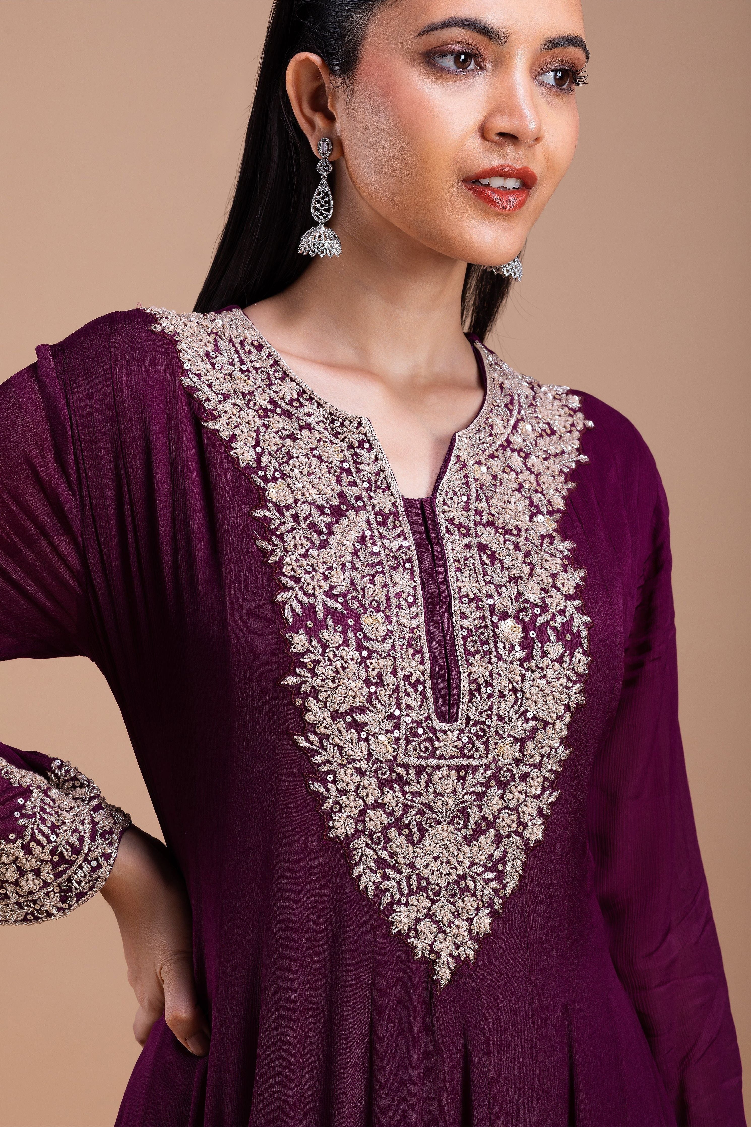 Wine Embroidered Anarkali Set  Mokshaa