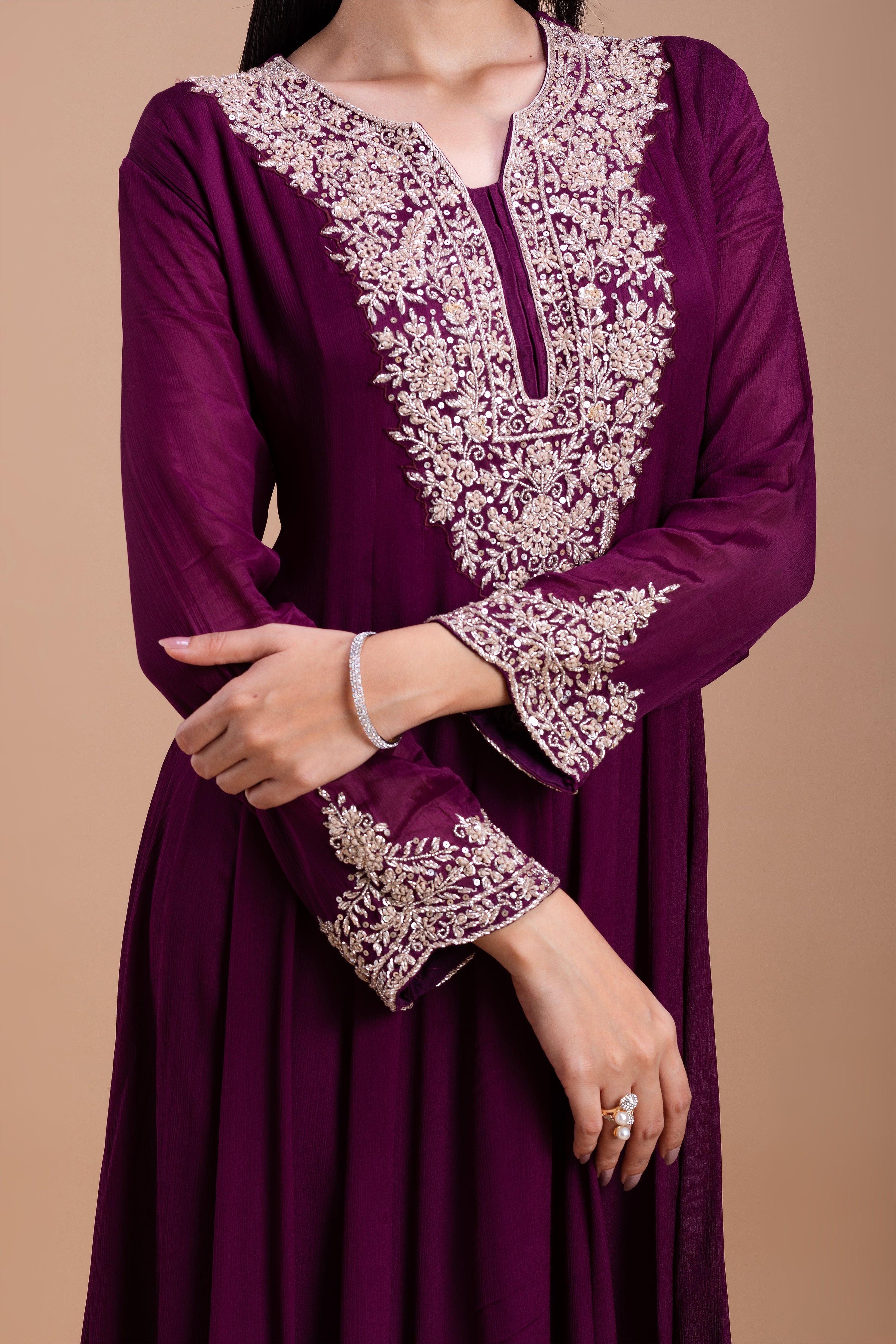 Wine Embroidered Anarkali Set聽 Mokshaa