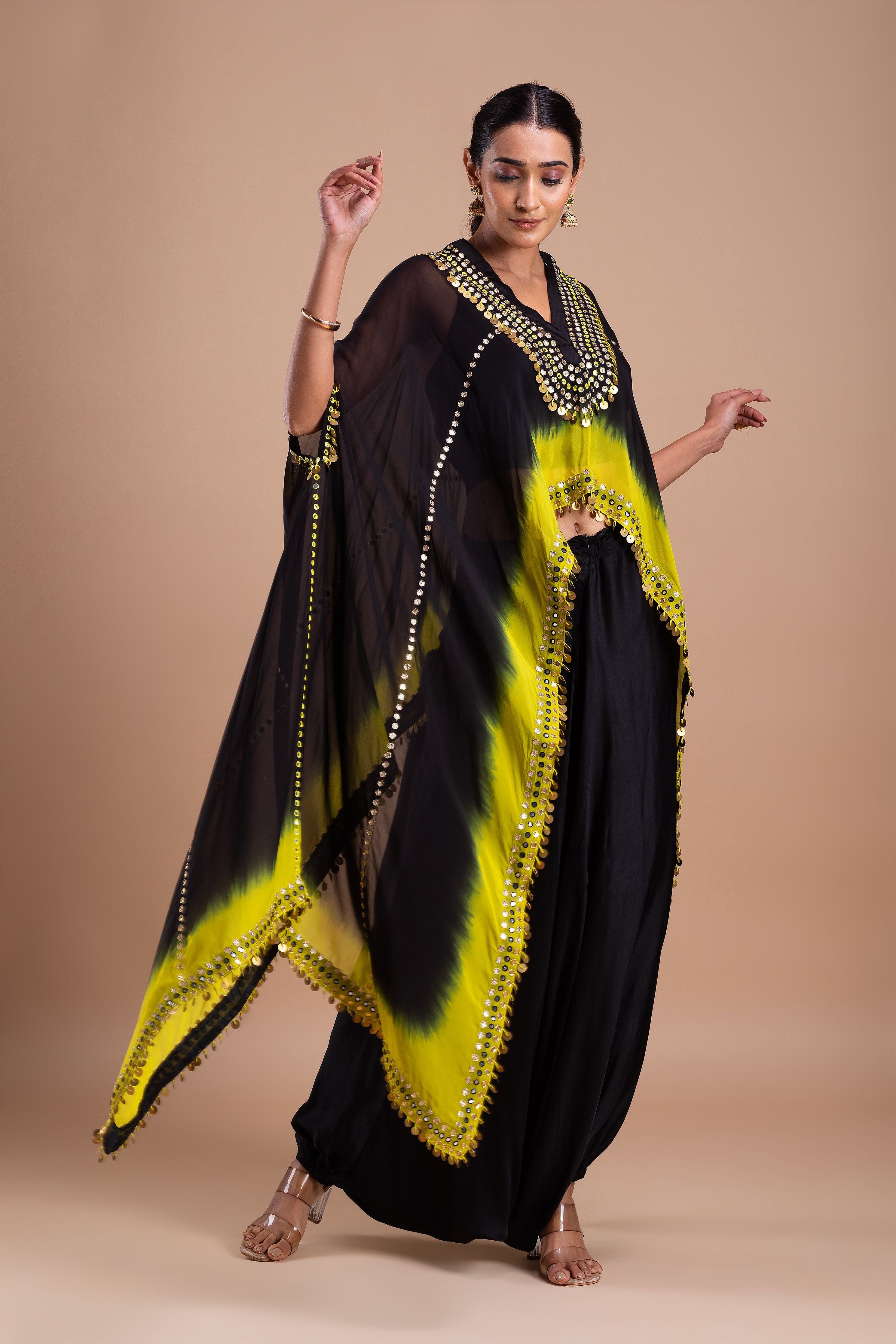 Black and Vibrant Yellow Ombre Indowestern Set聽 Mokshaa