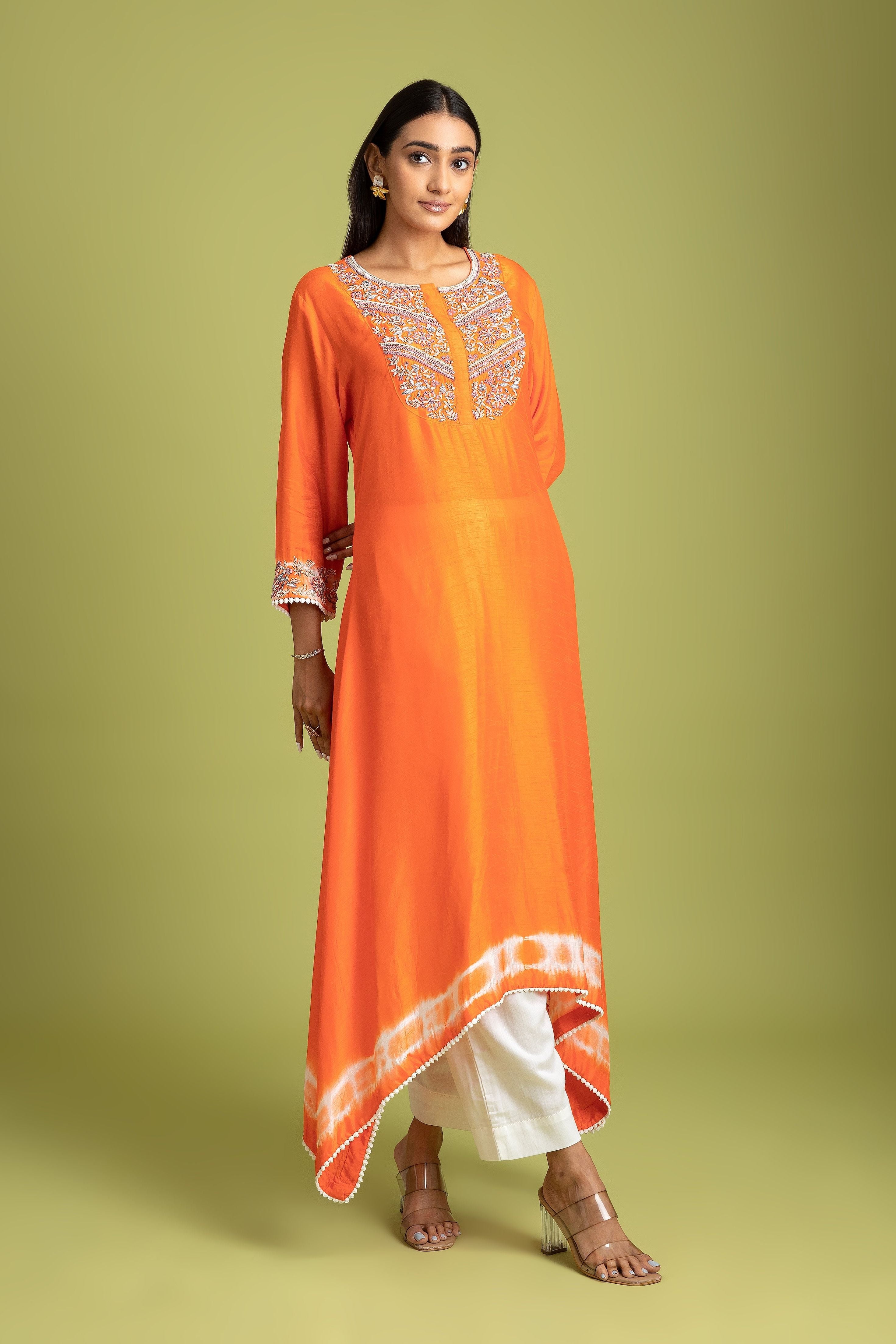 Orange Tie-Dye Embroidered Kurti set - Mokshaa