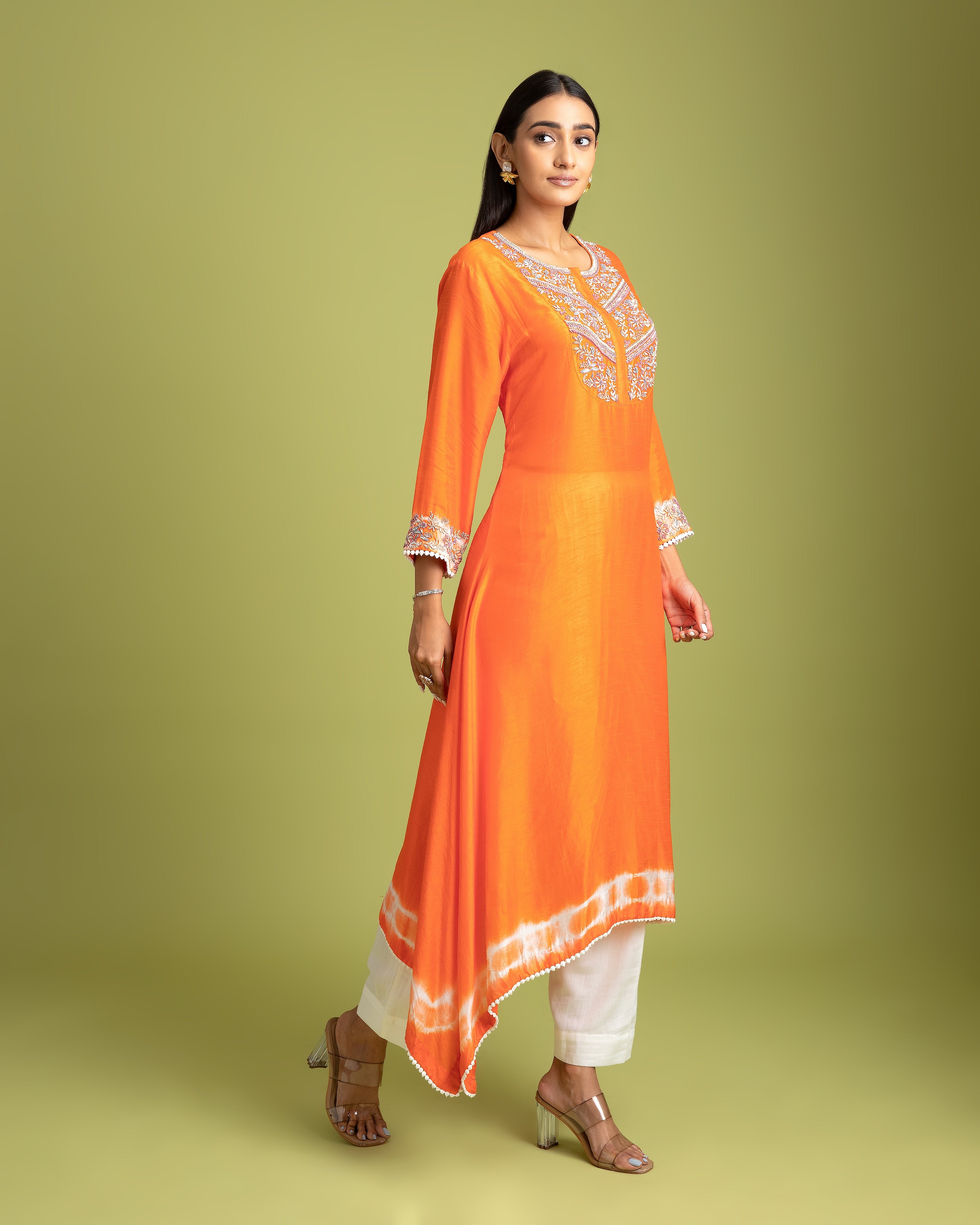 Orange Tie-Dye Embroidered Kurti set - Mokshaa