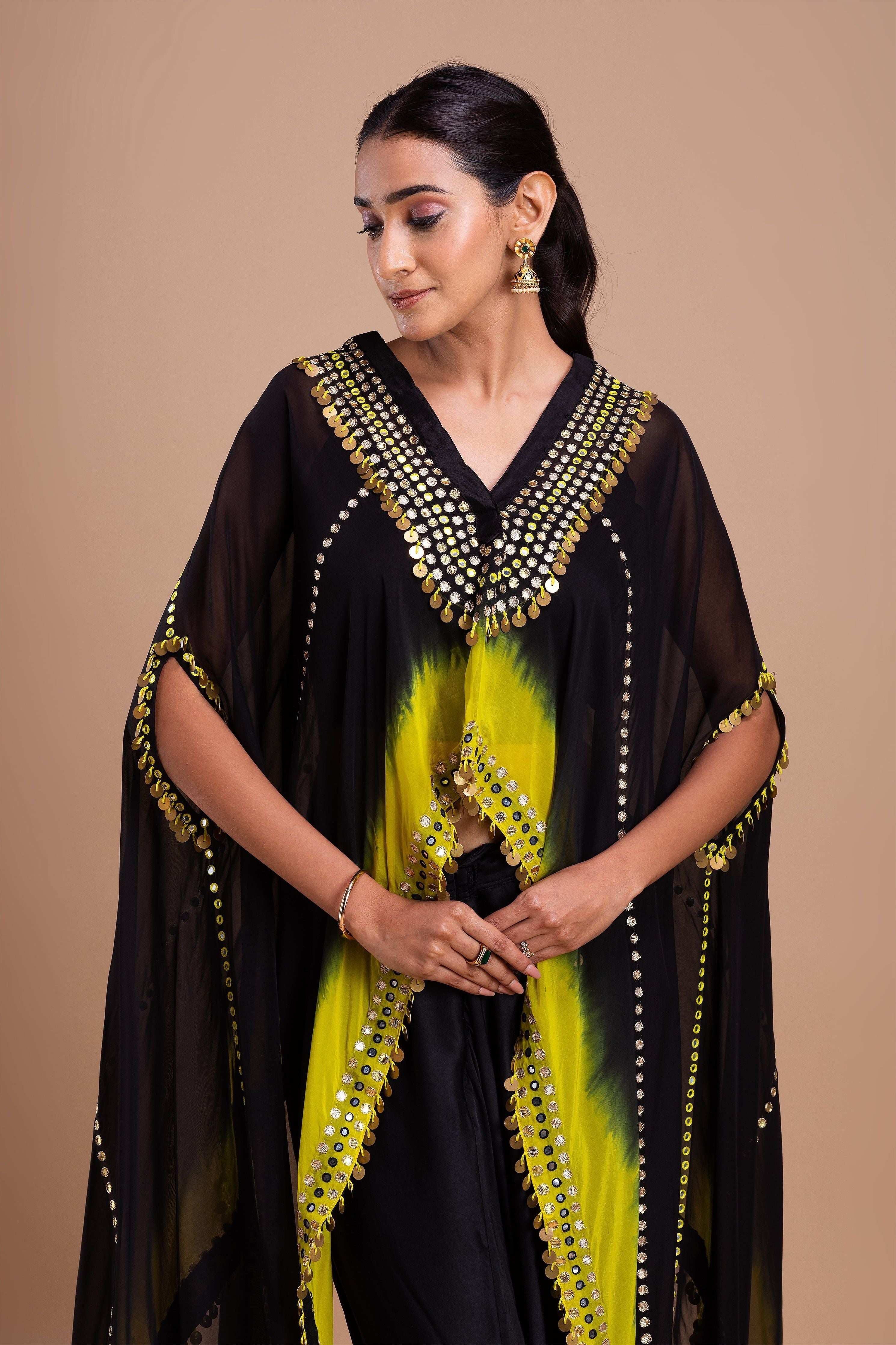 Black and Vibrant Yellow Ombre Indowestern Set  Mokshaa