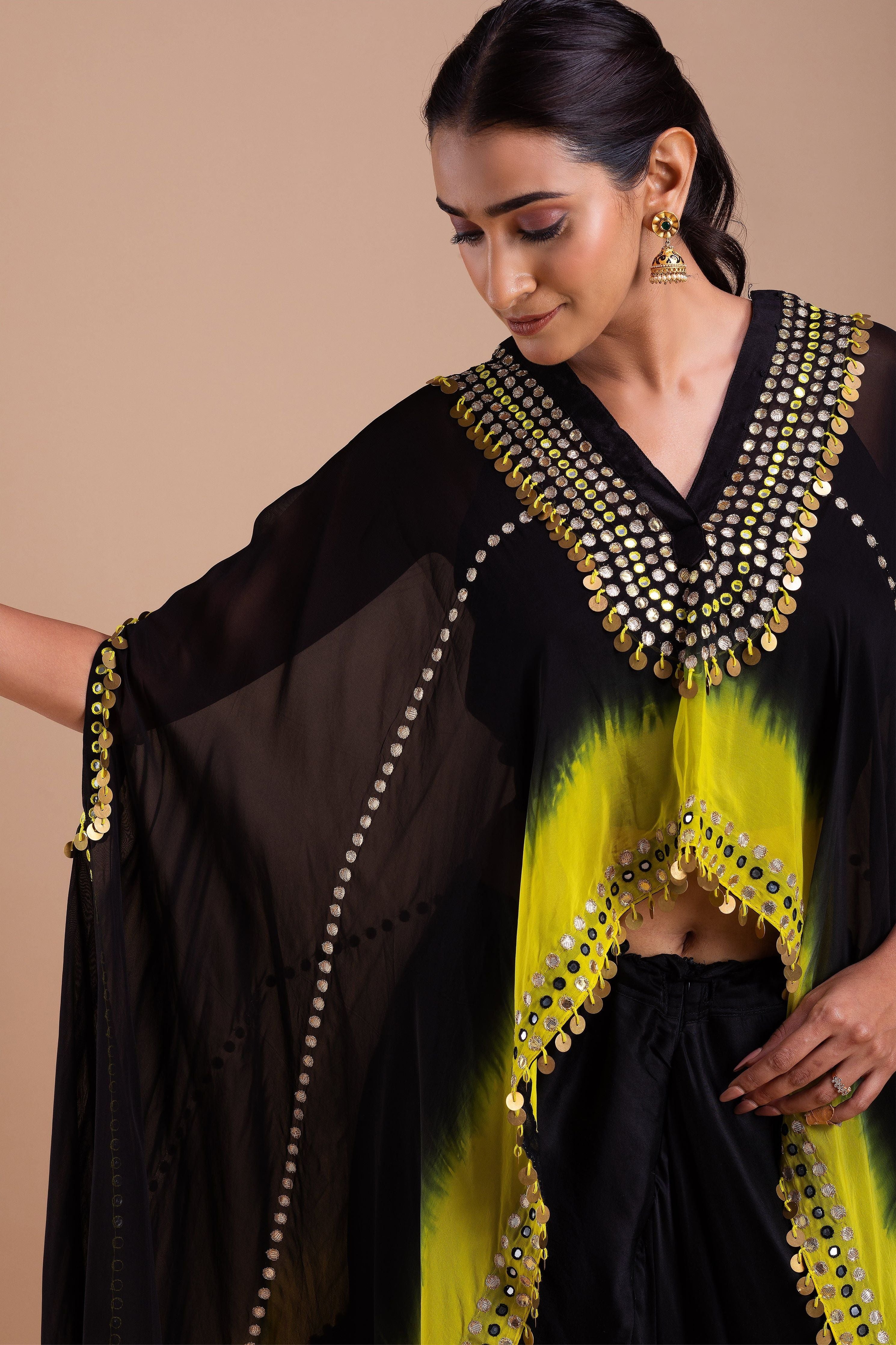 Black and Vibrant Yellow Ombre Indowestern Set  Mokshaa