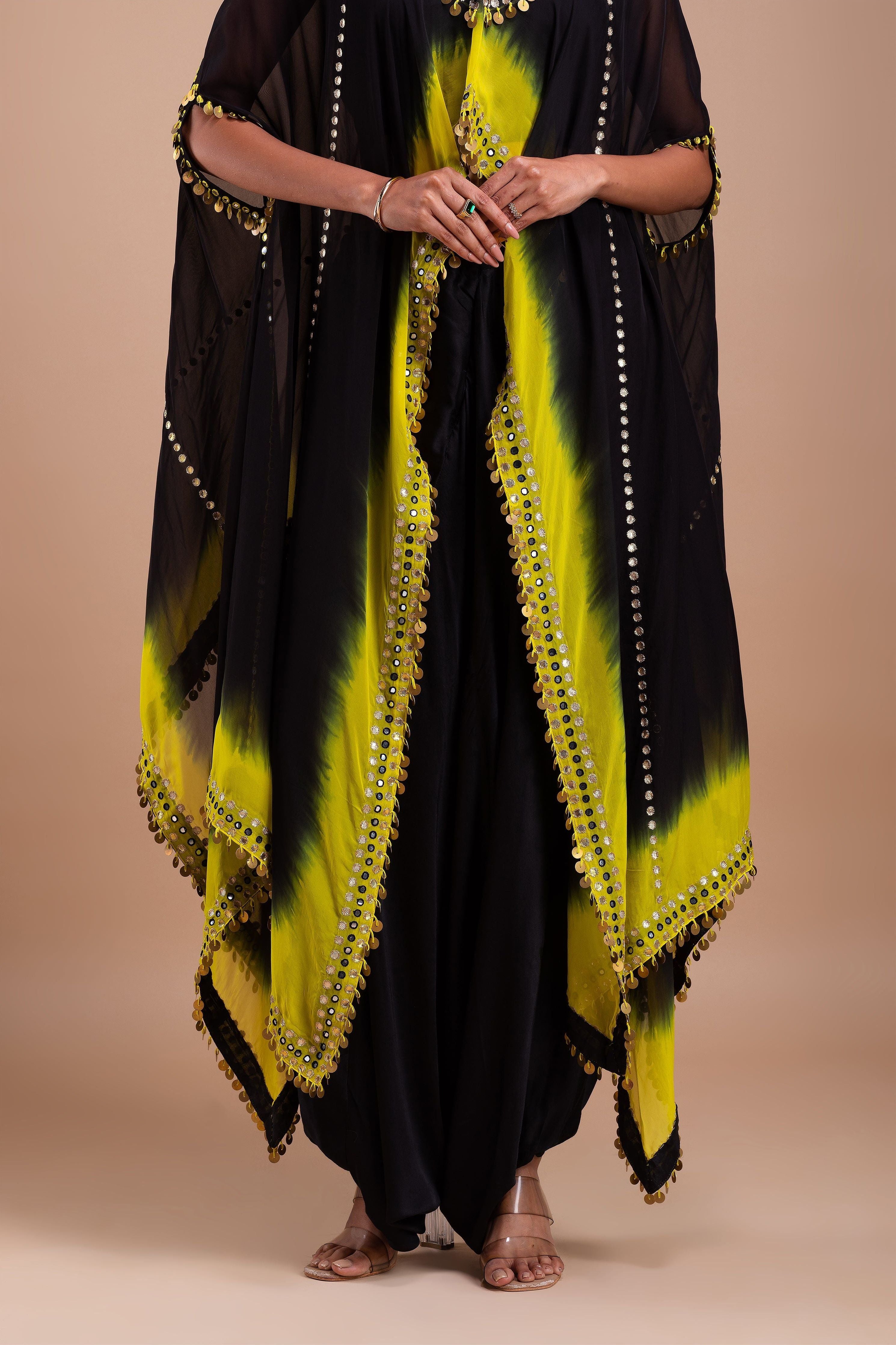 Black and Vibrant Yellow Ombre Indowestern Set  Mokshaa