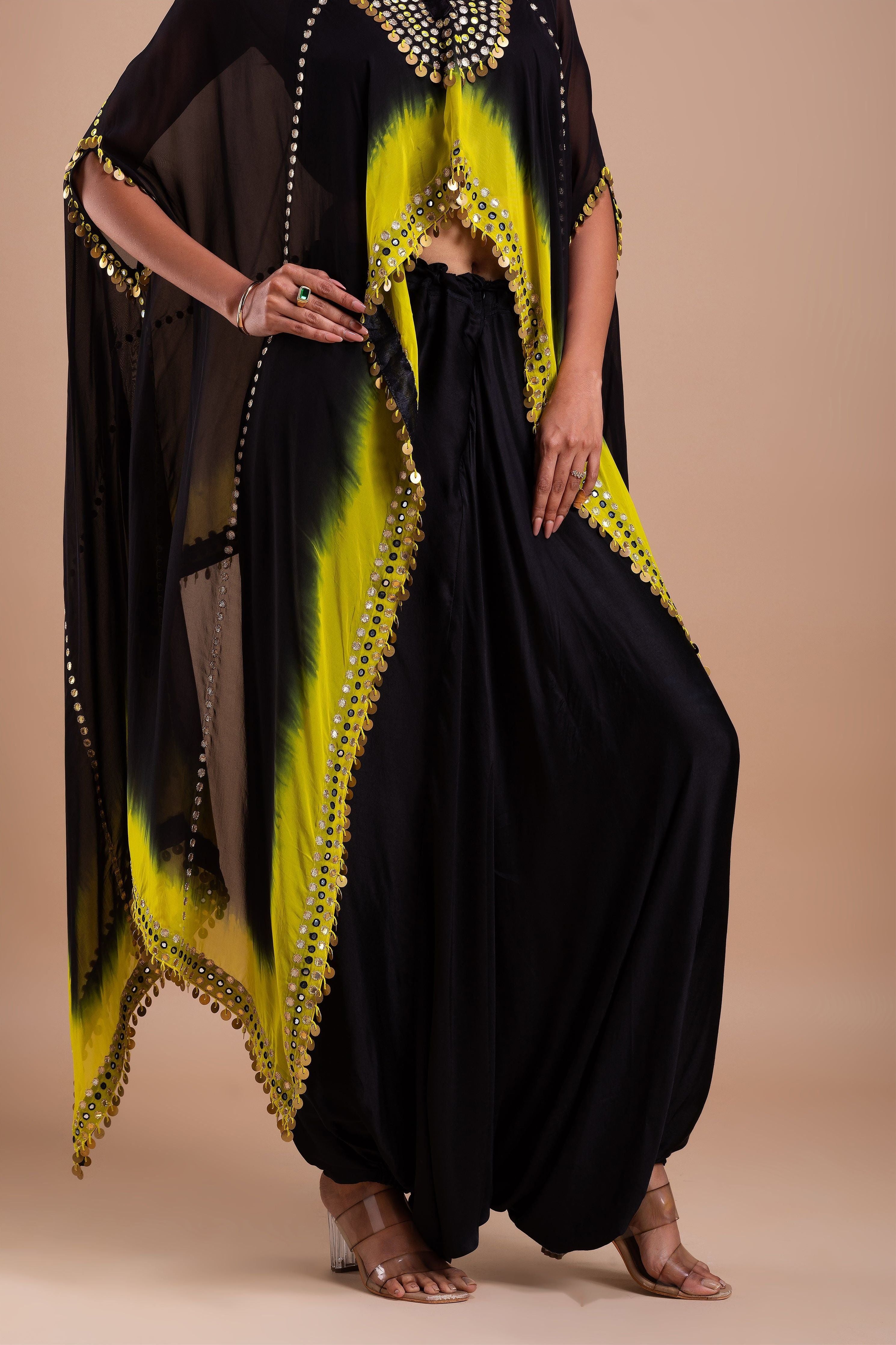 Black and Vibrant Yellow Ombre Indowestern Set  Mokshaa