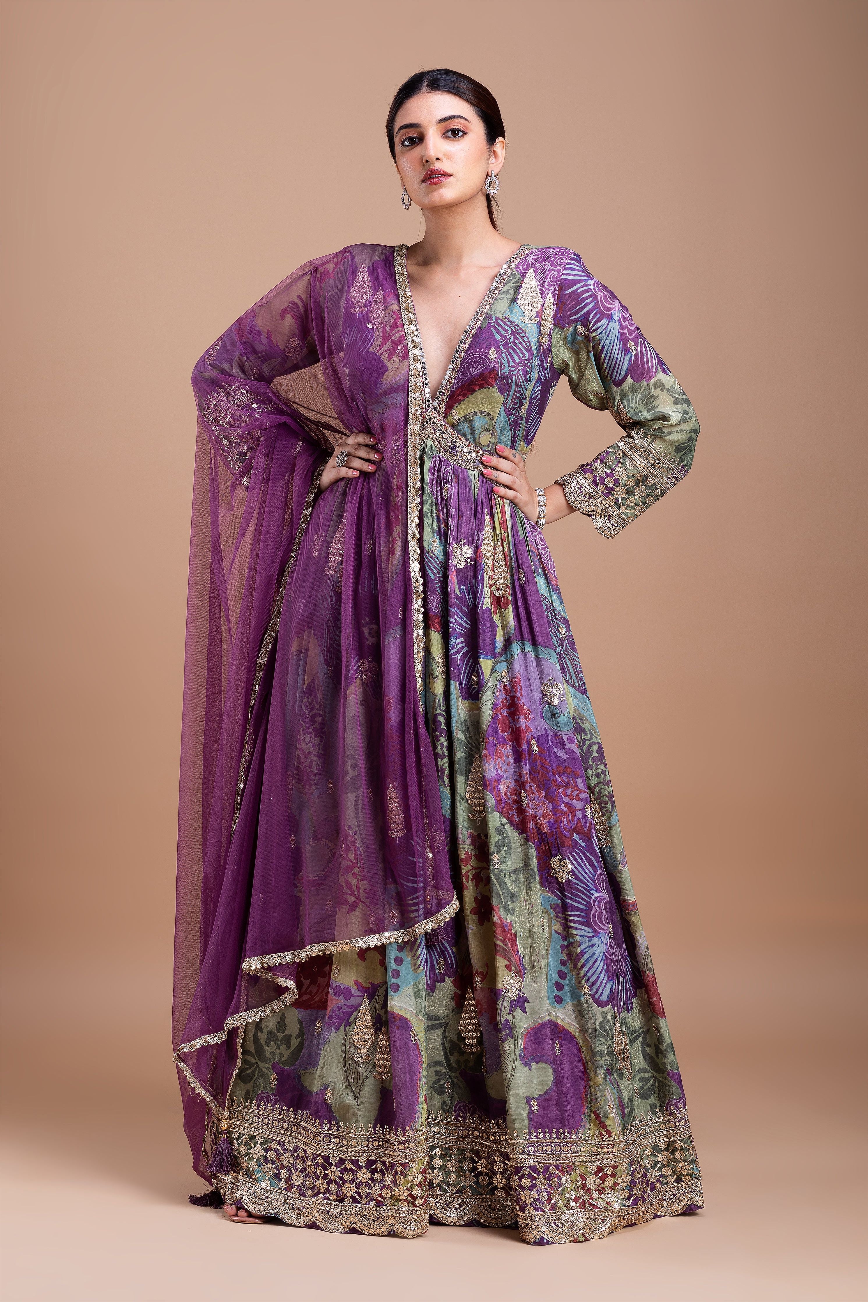 Regal Purple Floral Printed Anarkali Set聽 Mokshaa