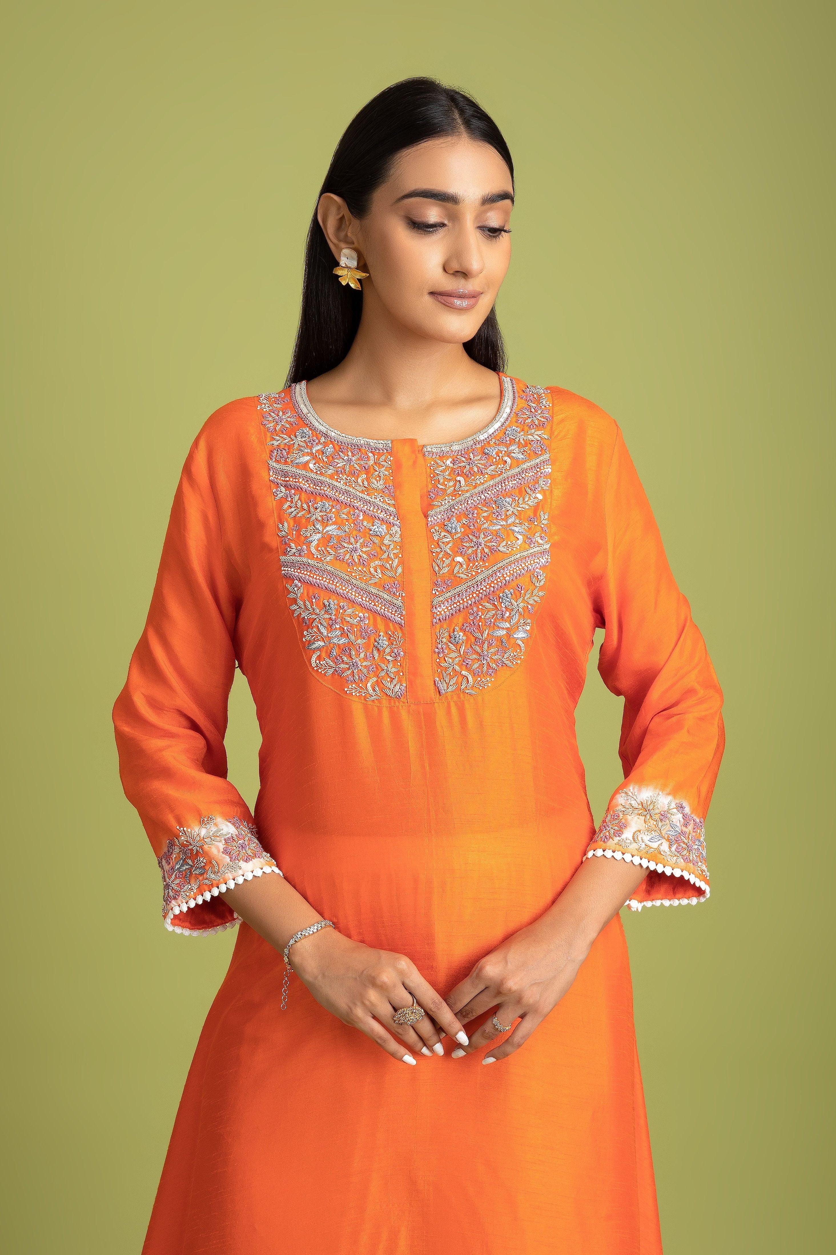 open lace back dress Orange Cotton Kurti Pant Dupatta Set with Elegant Embroidery main image 1