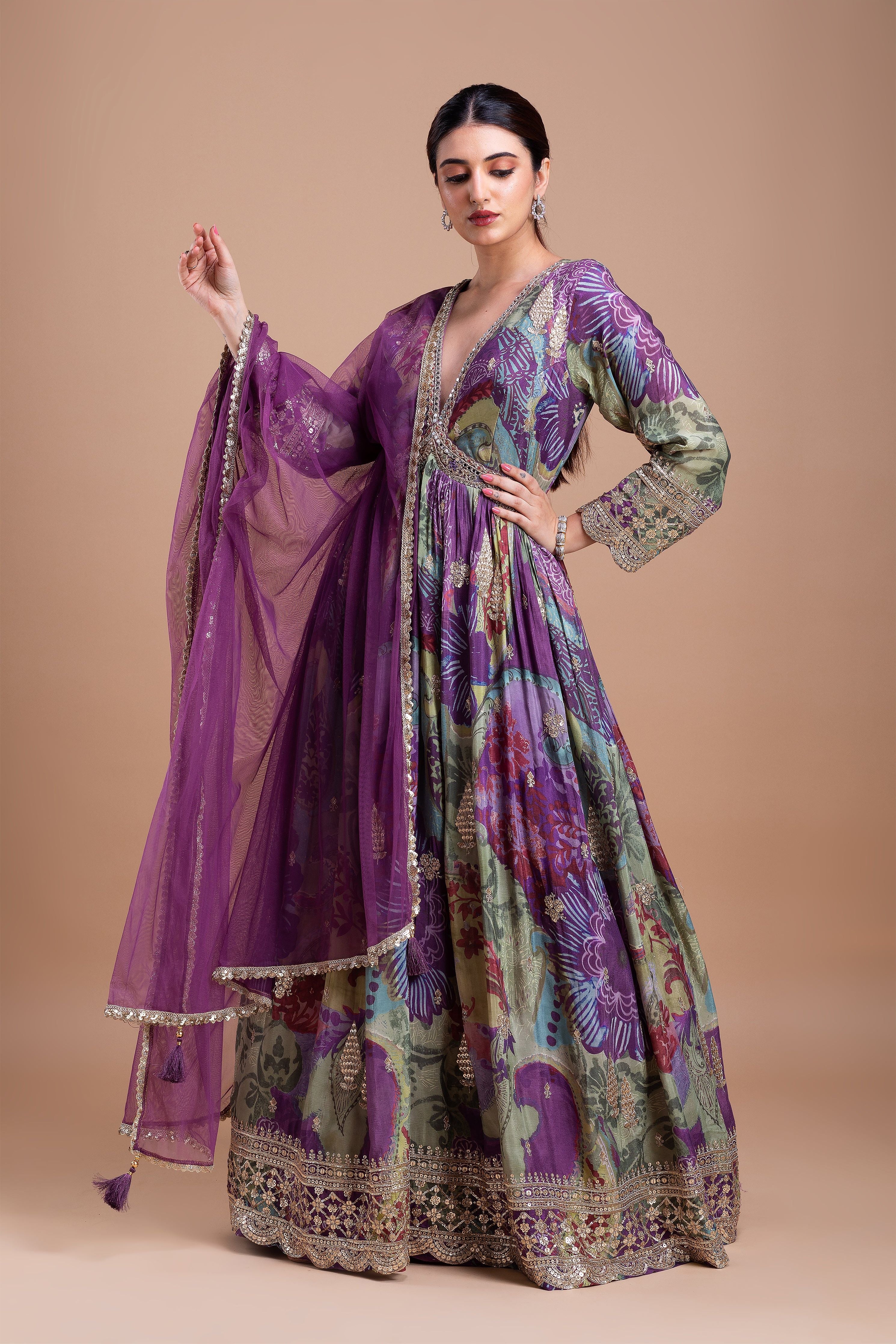 Regal Purple Floral Printed Anarkali Set  Mokshaa