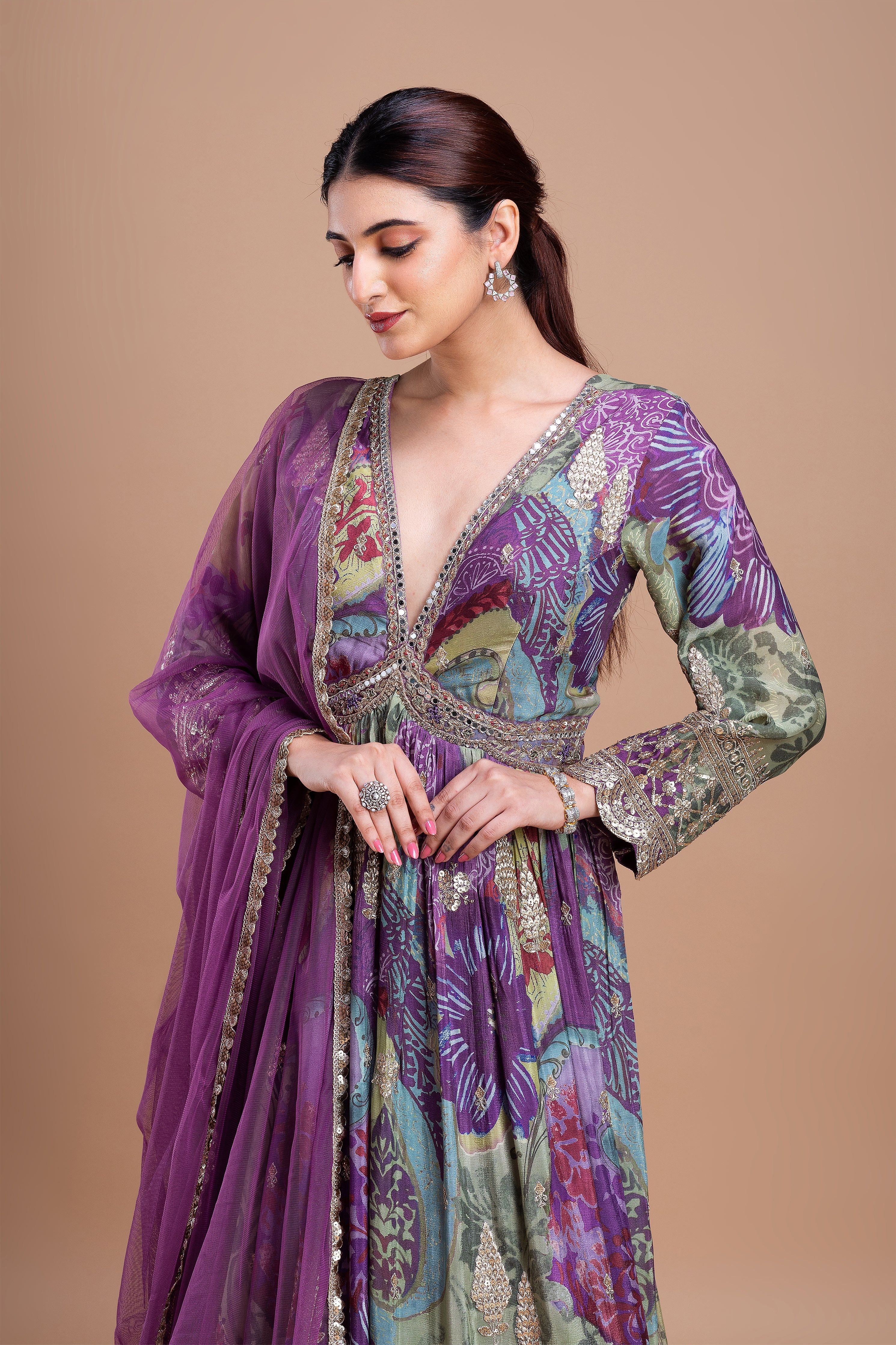 Regal Purple Floral Printed Anarkali Set  Mokshaa