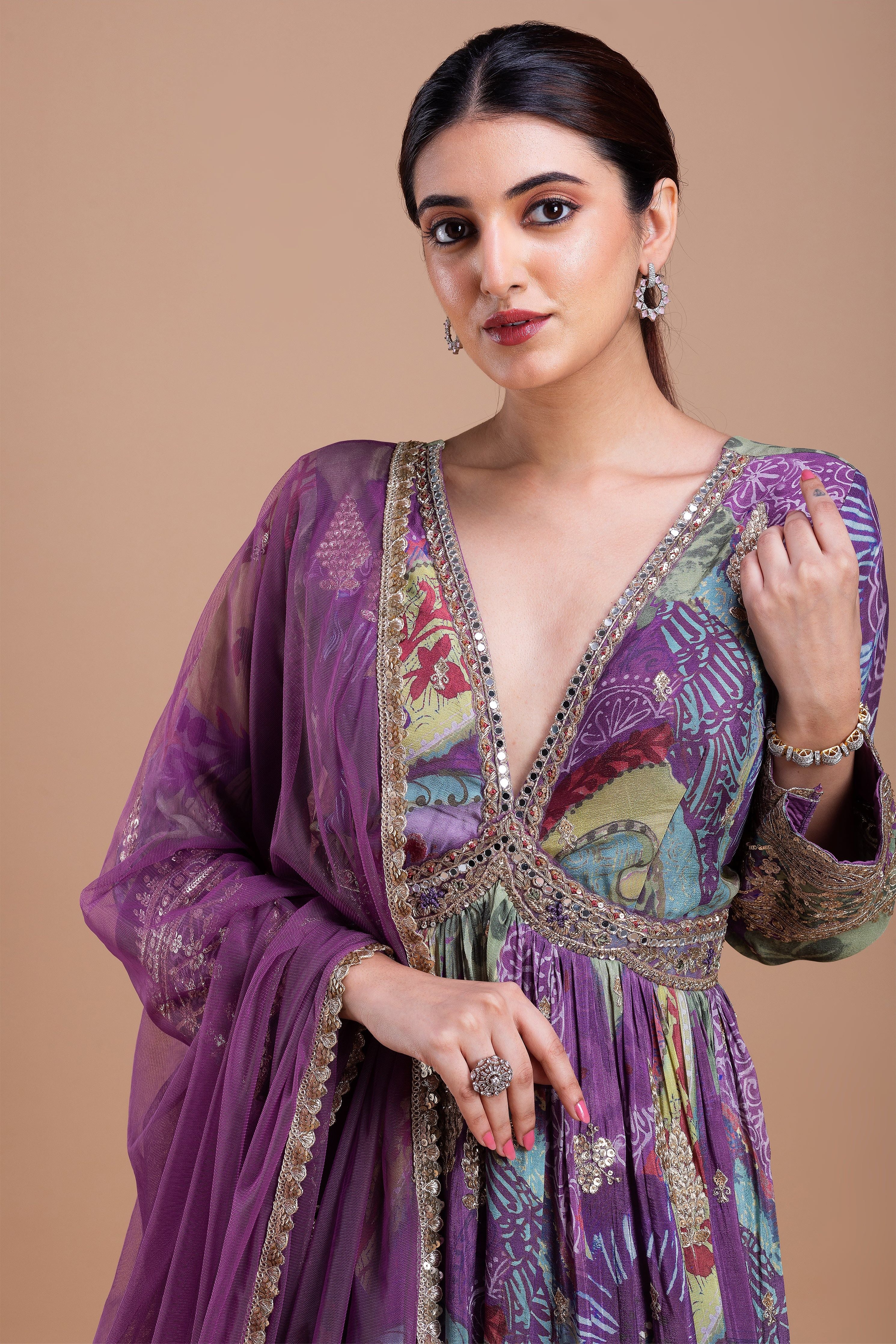 Regal Purple Floral Printed Anarkali Set  Mokshaa