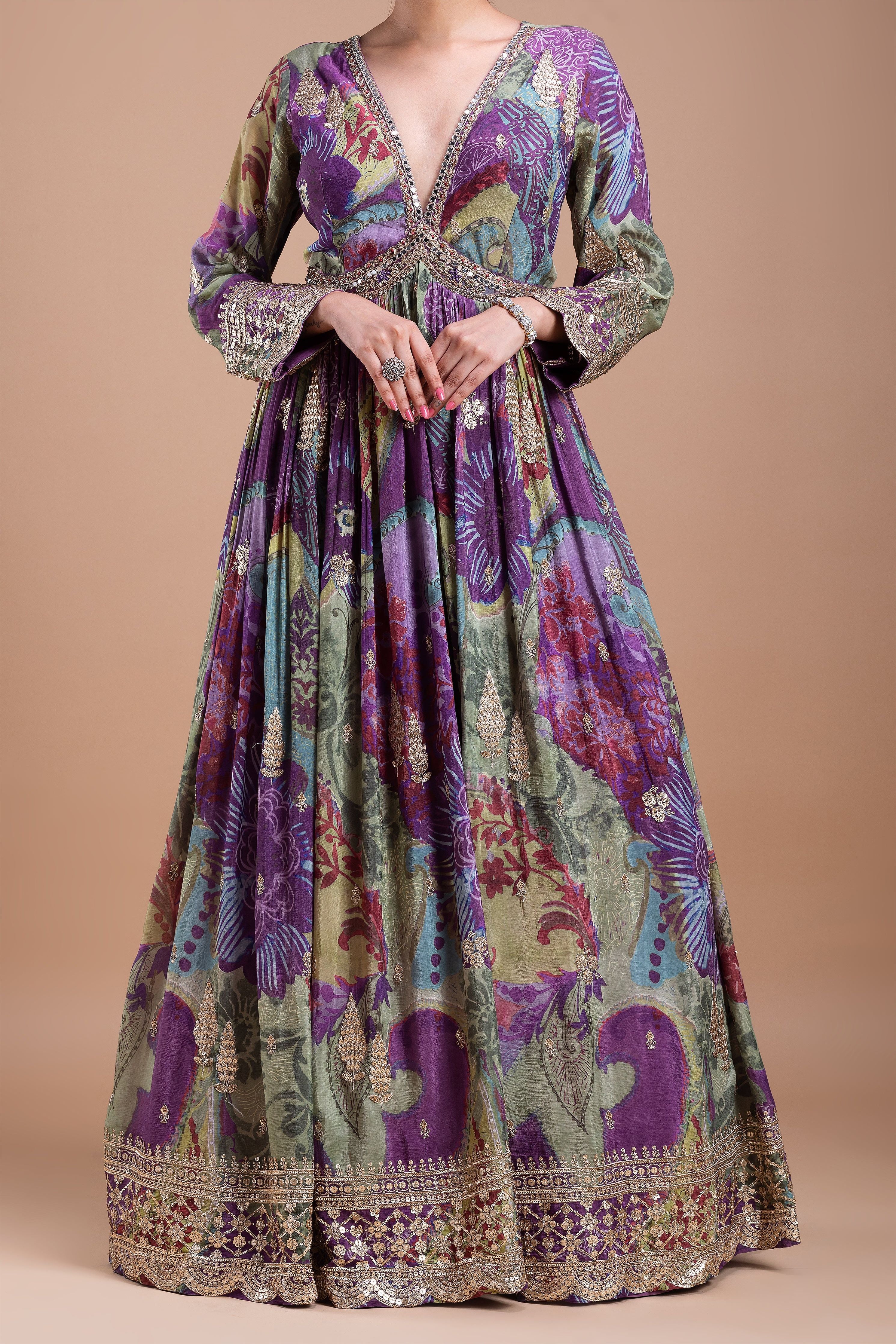 Regal Purple Floral Printed Anarkali Set  Mokshaa