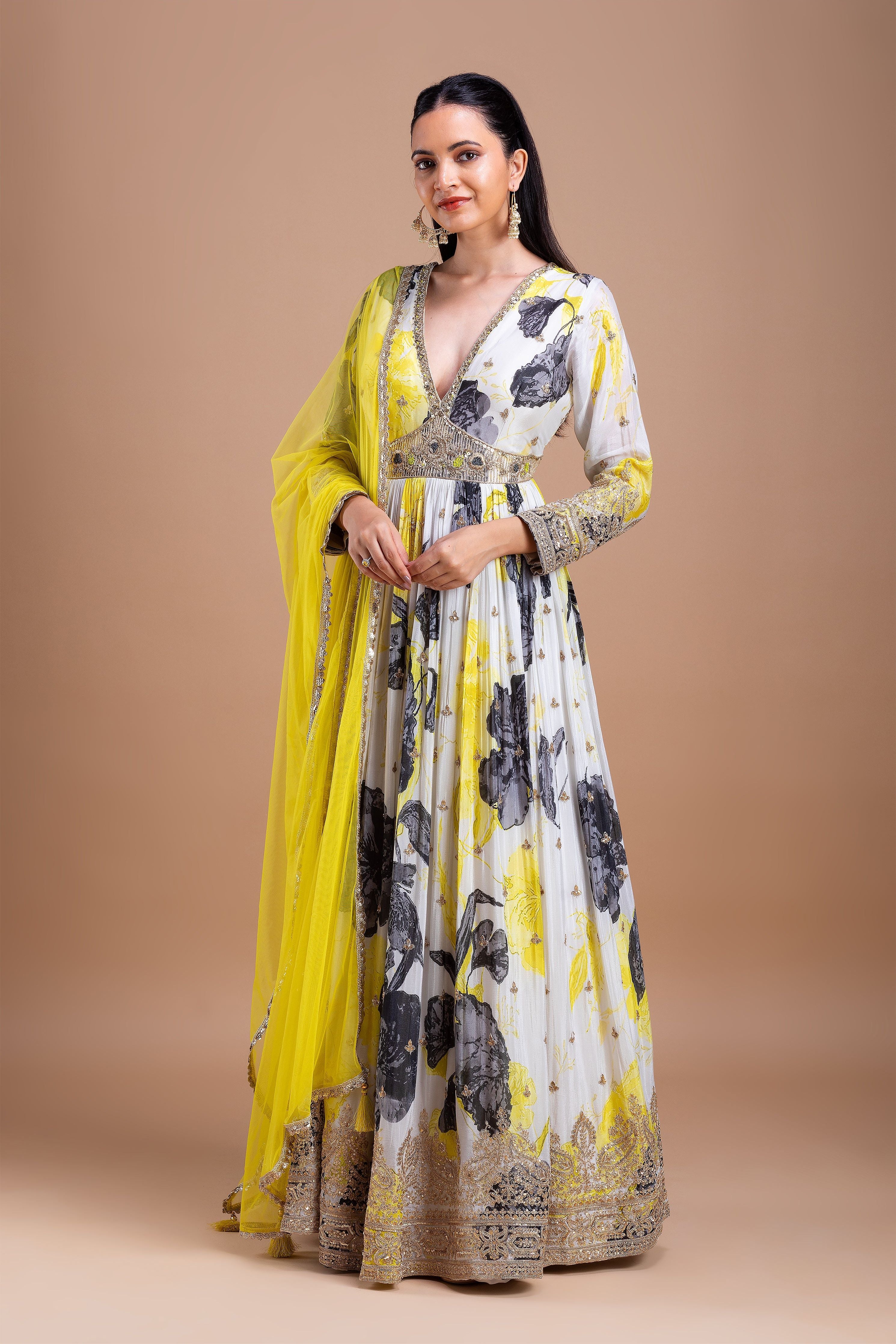 White and Yellow Printed Anarkali Set聽 Mokshaa