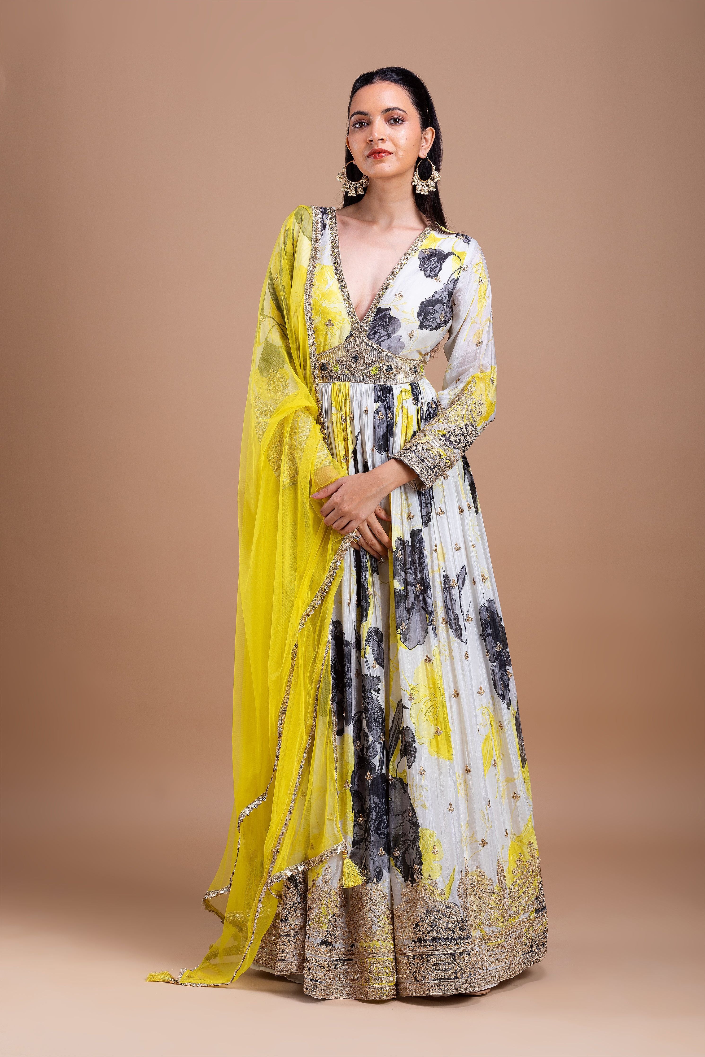 White and Yellow Printed Anarkali Set聽 Mokshaa