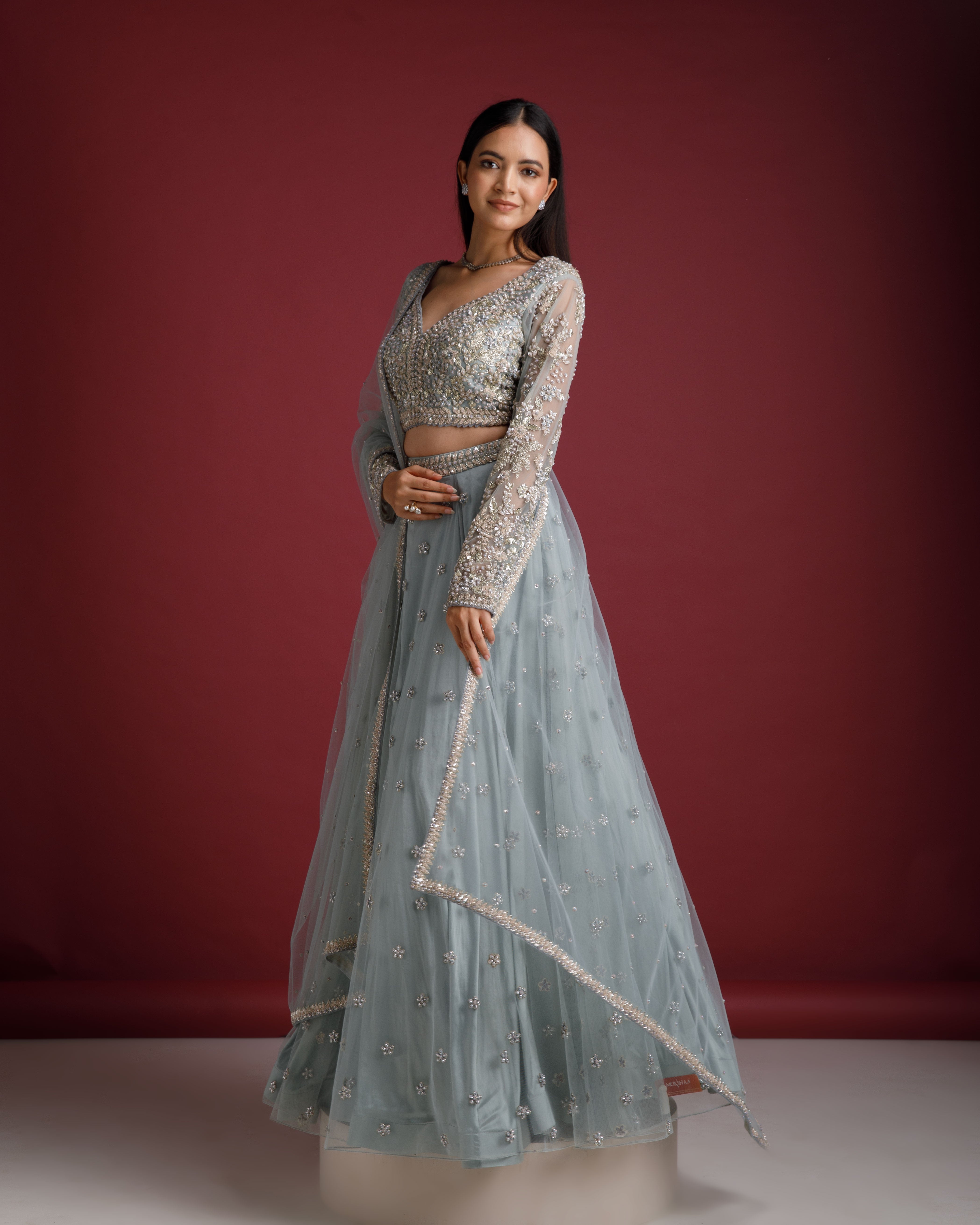 Ash Blue Net Embroidered Lehenga Set - Mokshaa