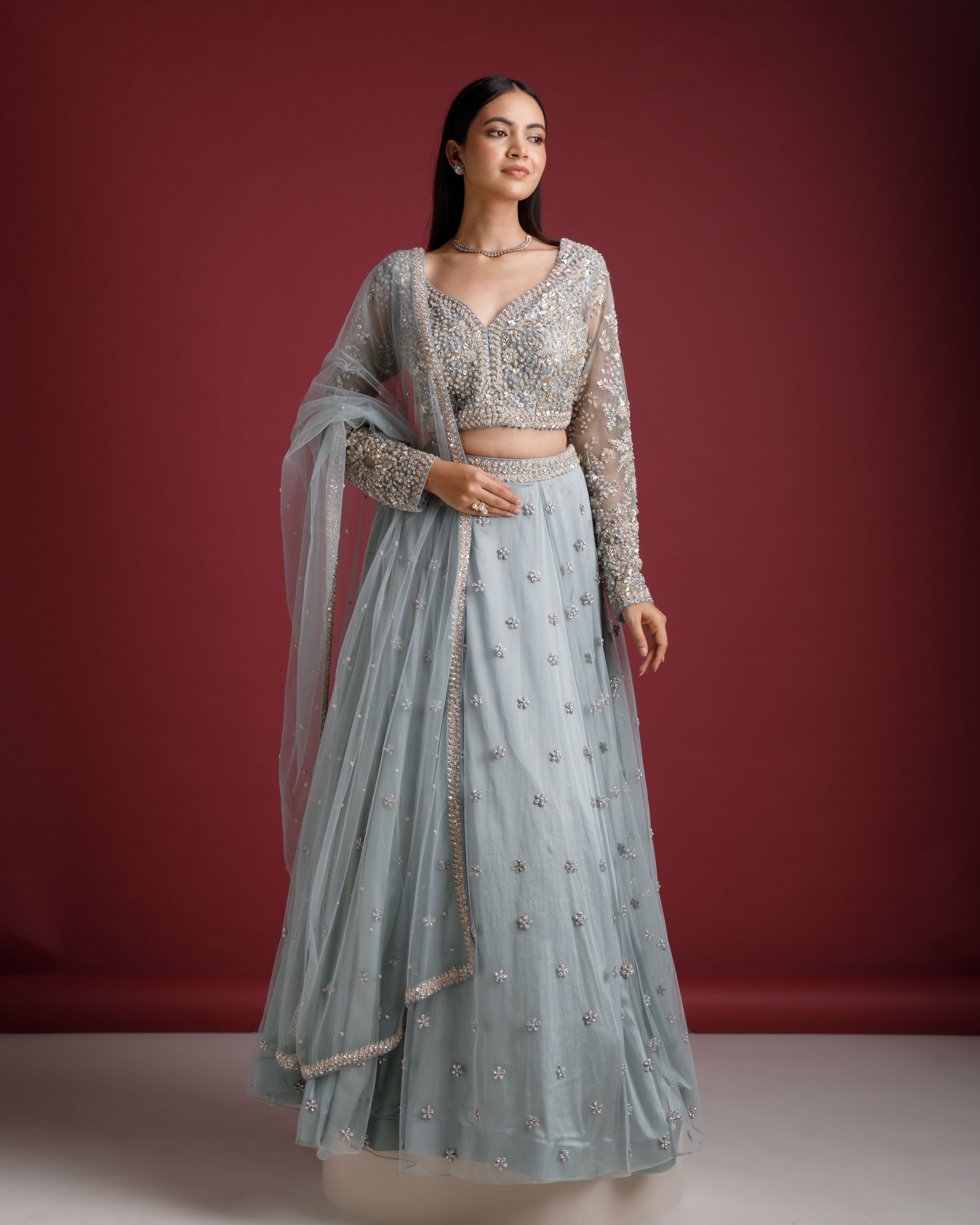 Ash Blue Net Embroidered Lehenga Set - Mokshaa