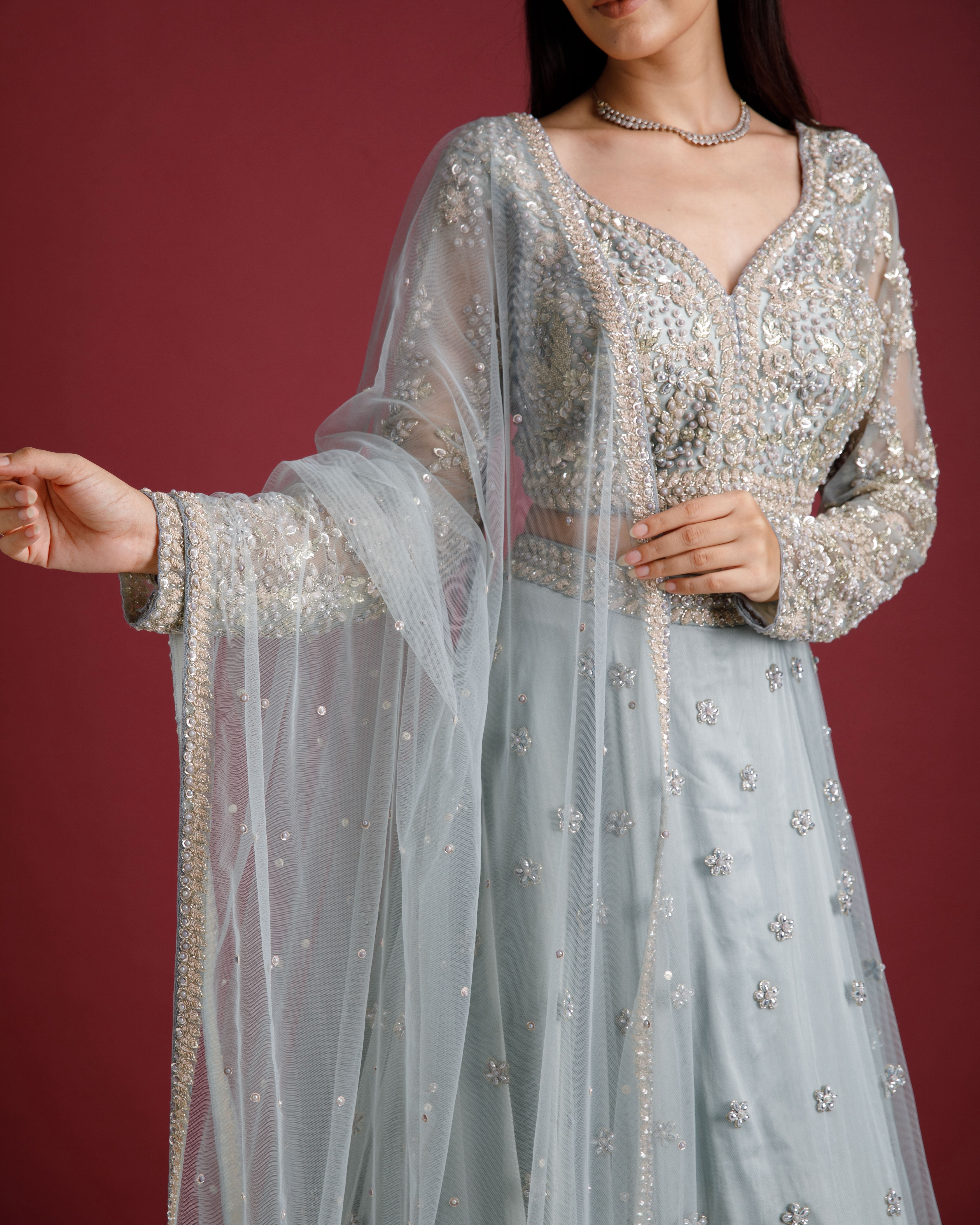 Ash Blue Net Embroidered Lehenga Set - Mokshaa