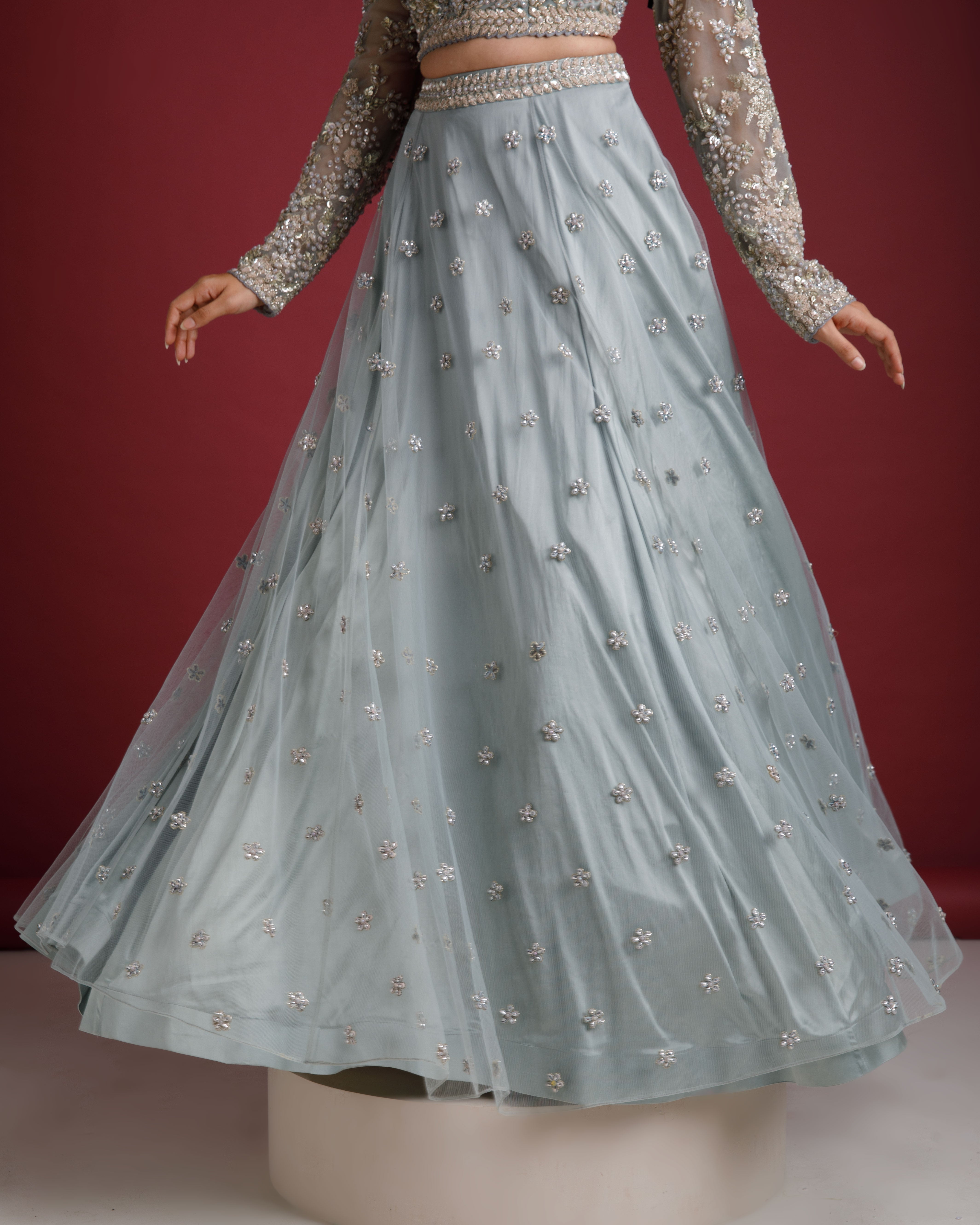 Ash Blue Net Embroidered Lehenga Set - Mokshaa